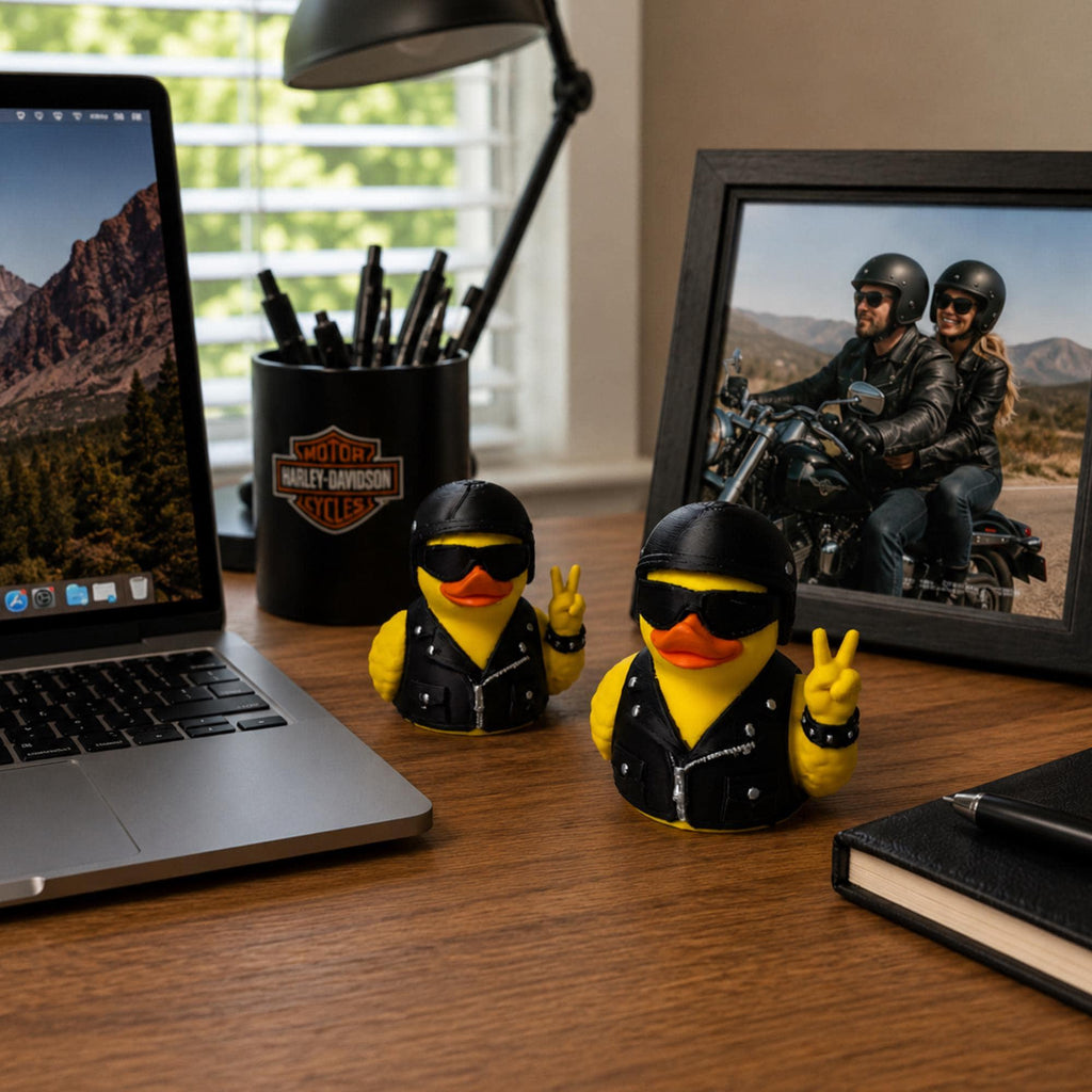 Motorcycle Duck Figurine – Biker Dashboard Ornament with Helmet Design