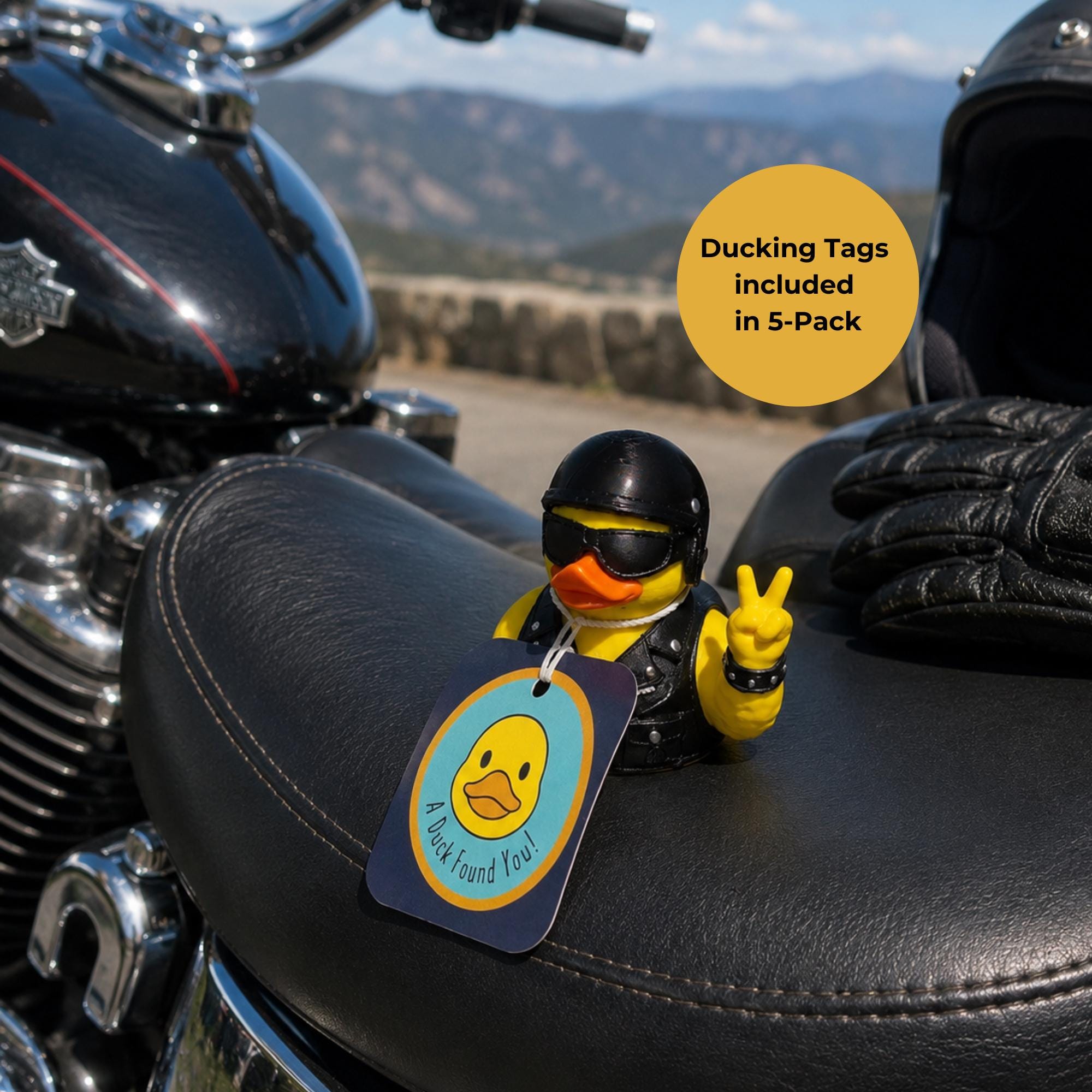 Dashboard Companion Duck Figurine Motorcycle Biker Design Conversation Starter Ornament Helmet Black Vest Sunglasses Peace Sign Gesture Outdoor Enthusiast Gift Rider Present For Men Desk Display Man Cave Collectible Cabin Hunting Lodge