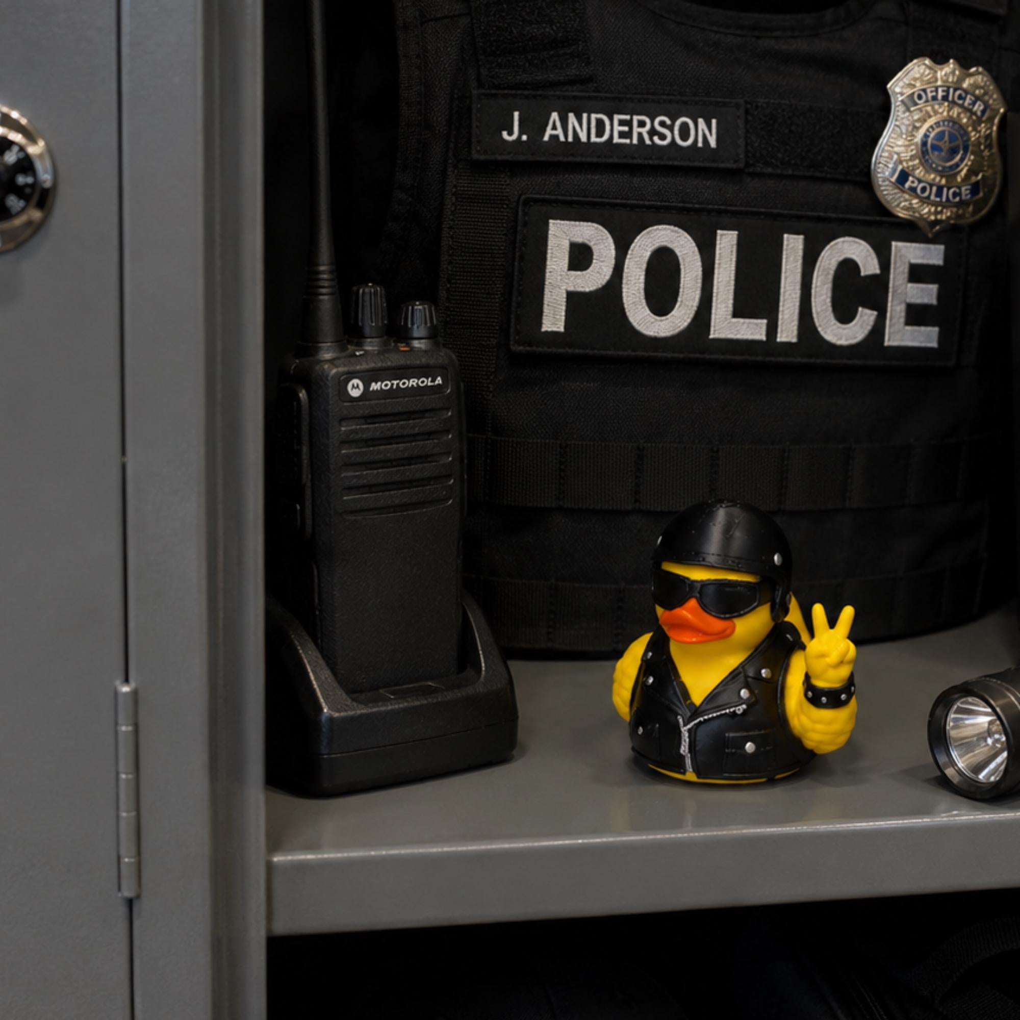 Motorcycle Duck Figurine – Biker Dashboard Ornament with Helmet Design