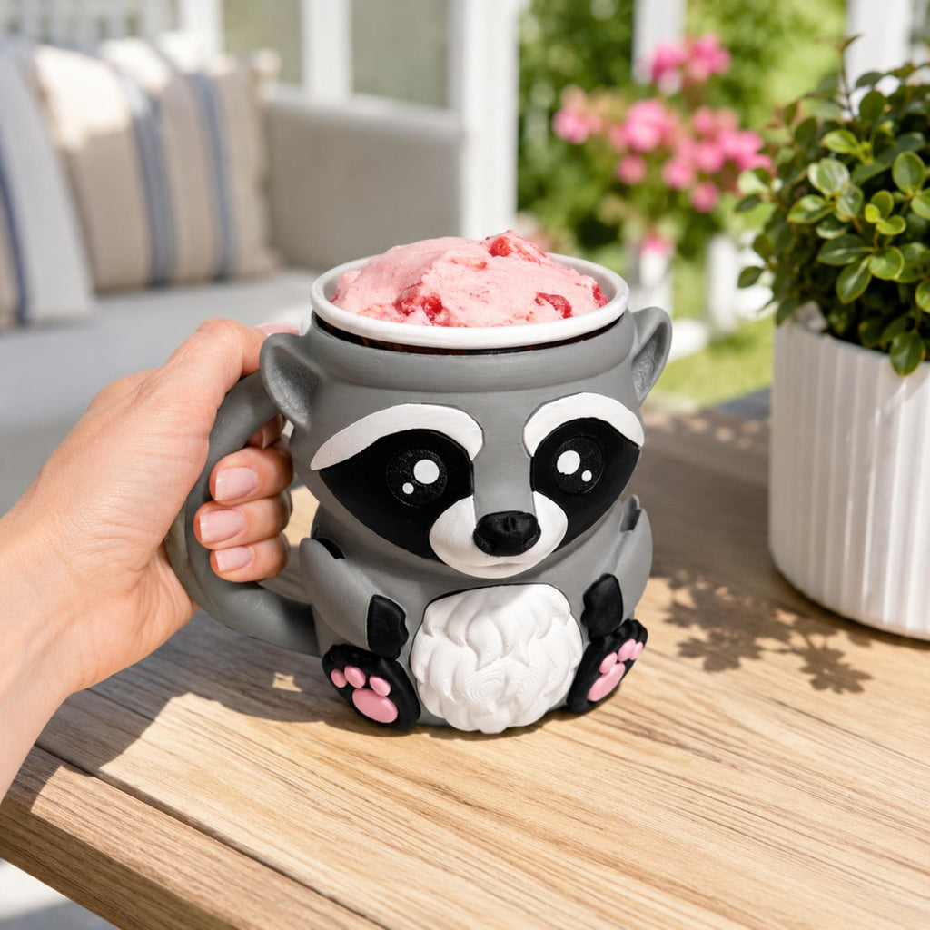 Ice Cream Pint Holder Raccoon Design Cozy With Dual Spoon Slots 3D Printed Kitchen Gadget Keeps Hands Warm While Ice Cream Stays Cold Perfect Movie Night Dessert Caddy Birthday Gift For Ice Cream Lovers Animal Themed Frozen Treat Holder