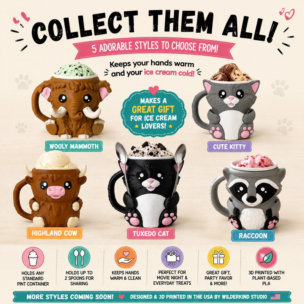 Pint Cozy Ice Cream Holder Raccoon Design With Dual Spoon Slots Perfect Sharing Dessert Caddy 3D Printed Animal Kitchen Gadget Birthday Gift For Ice Cream Lovers Movie Night Essential Party Favor Fits Standard Containers Keeps Hands Warm