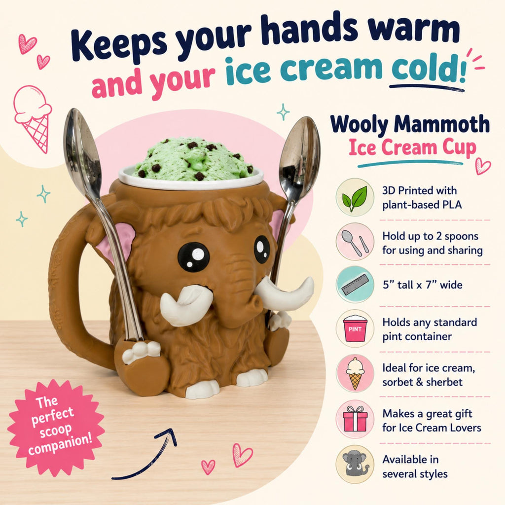 Ice Cream Pint Holder Wooly Mammoth Design With Innovative Tusk Spoon Keeper Stand Holds One Or Two Spoons Ready Kitchen Gadget For Movie Night Snacking 3D Printed Construction Features Expressive Eyes Shaggy Texture Details Perfect Ice