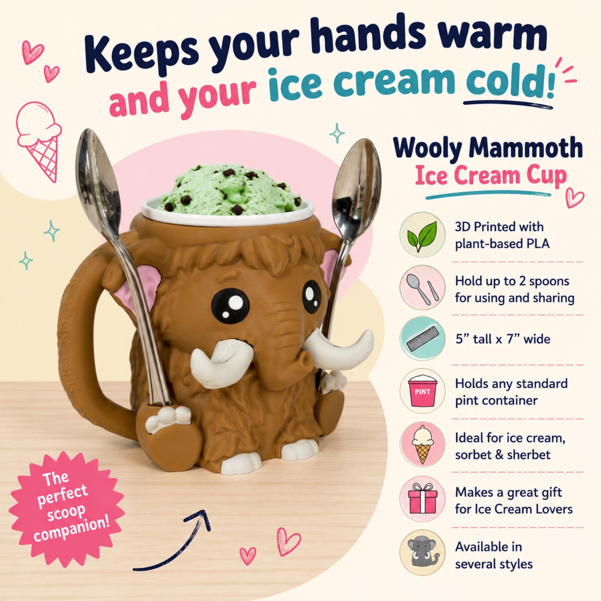 Ice Cream Pint Holder Wooly Mammoth Design With Innovative Tusk Spoon Keeper Stand Holds One Or Two Spoons Ready Kitchen Gadget For Movie Night Snacking 3D Printed Construction Features Expressive Eyes Shaggy Texture Details Perfect Ice