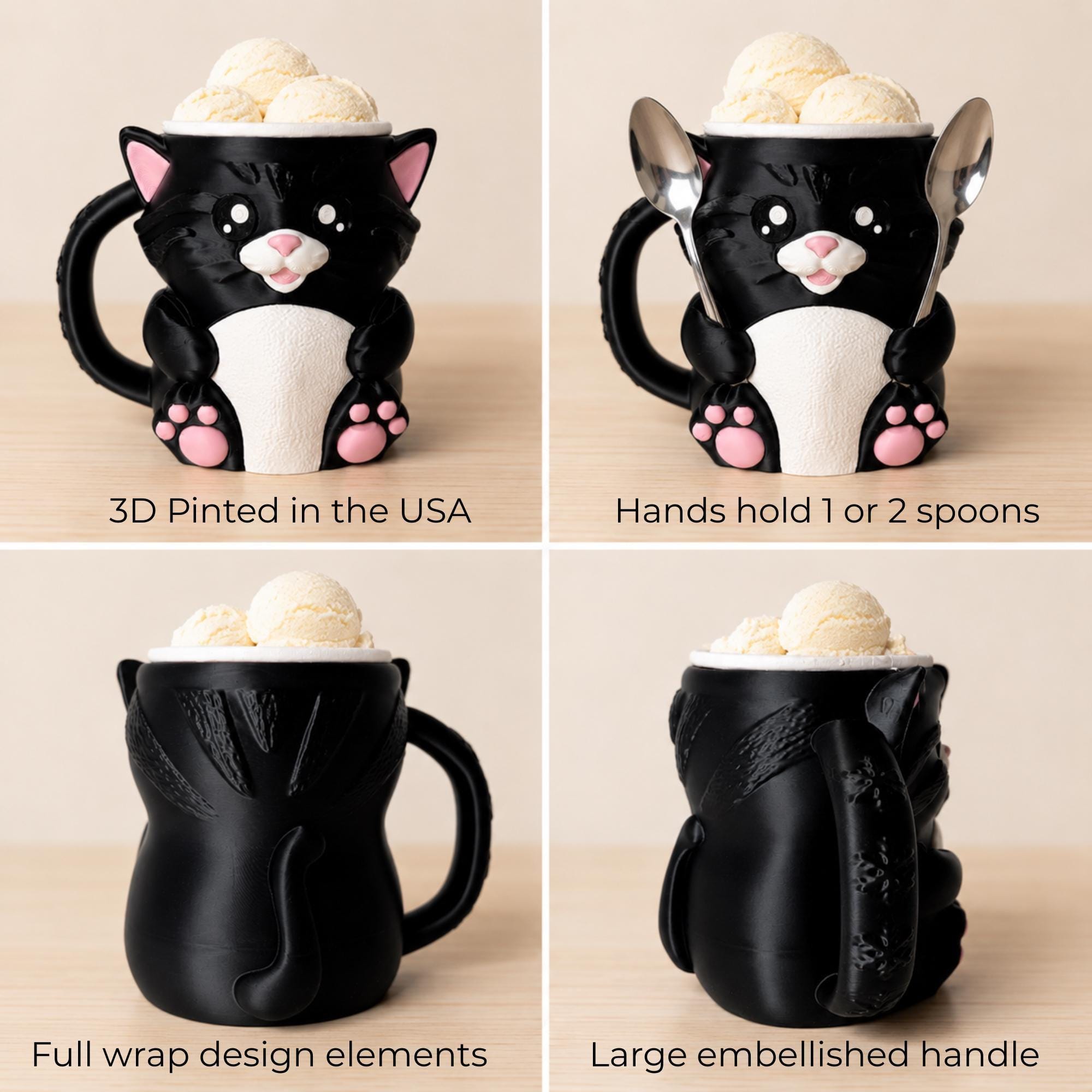 Movie Night Ice Cream Holder Pint Sleeve Cozy Tuxedo Cat Design Entertainment Accessory Frozen Dessert Caddy Comfortable Hand Warmer Dual Spoon Storage Slots Novelty Kitchen Item Cat Lover Gift Perfect Treat Companion Insulated Grip Design