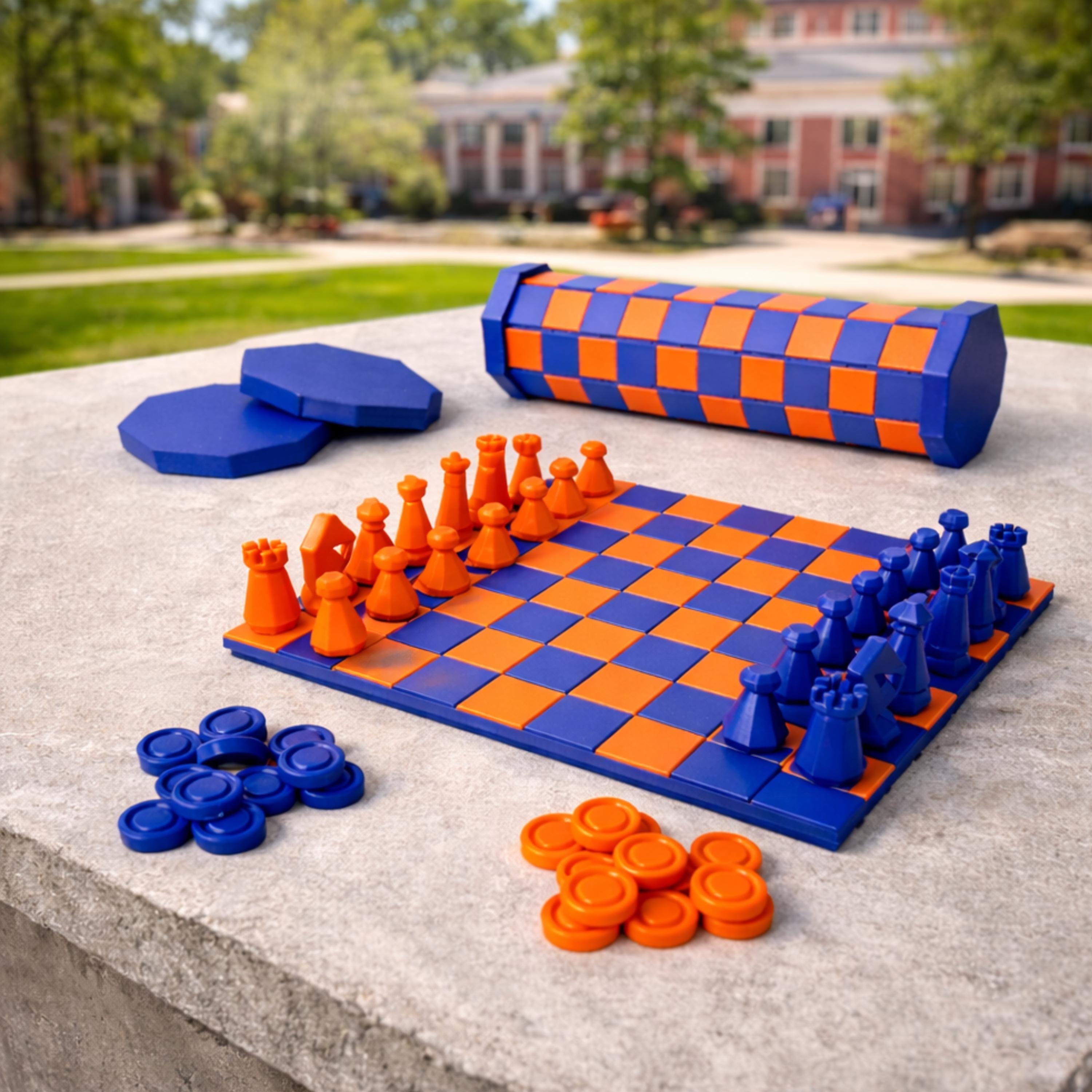 Portable Chess Set Roll Up Travel Board Game Compact Storage Design Orange Blue University Colors Complete Chess Checker Combo Perfect Student Gift Dorm Room Entertainment Outdoor Gaming Flexible Silicone Board 3D Printed Pieces Cylindrical