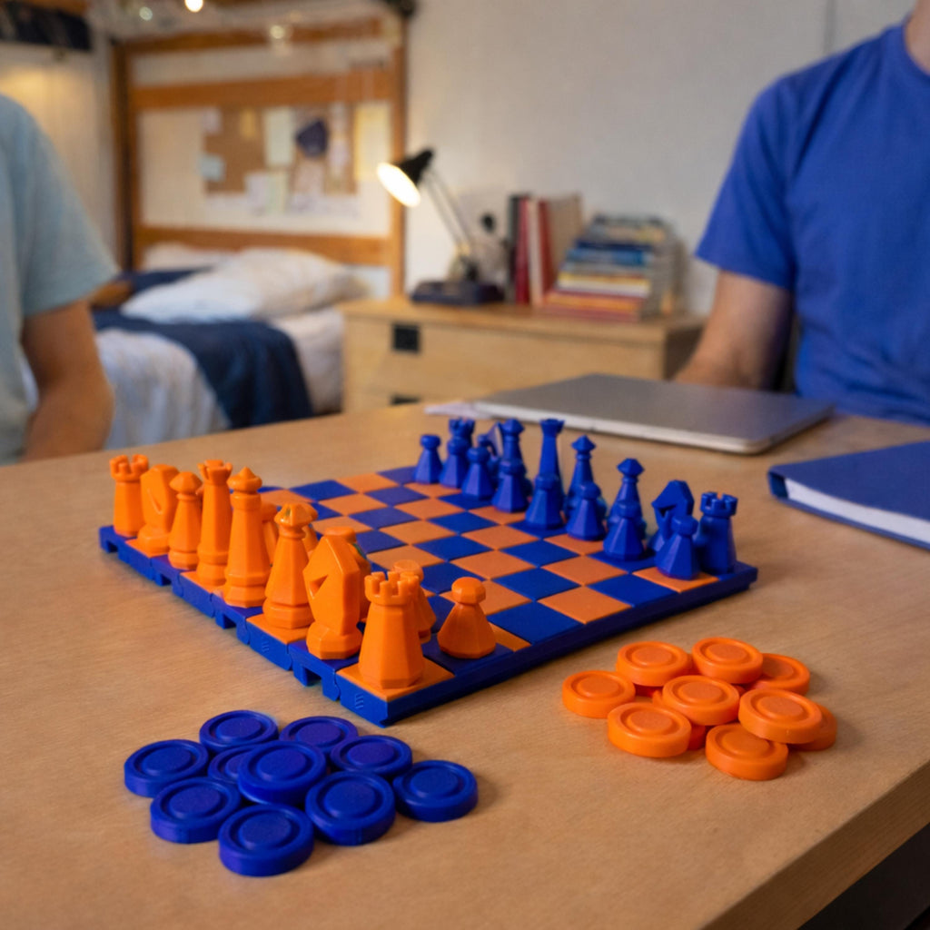 College Student Gift Orange Blue Chess Set Portable Travel Board Game University Colors School Spirit Graduation Present Dorm Room Entertainment Roll Up Design Compact Storage Dual Game Functionality Chess Checker Pieces 3D Printed