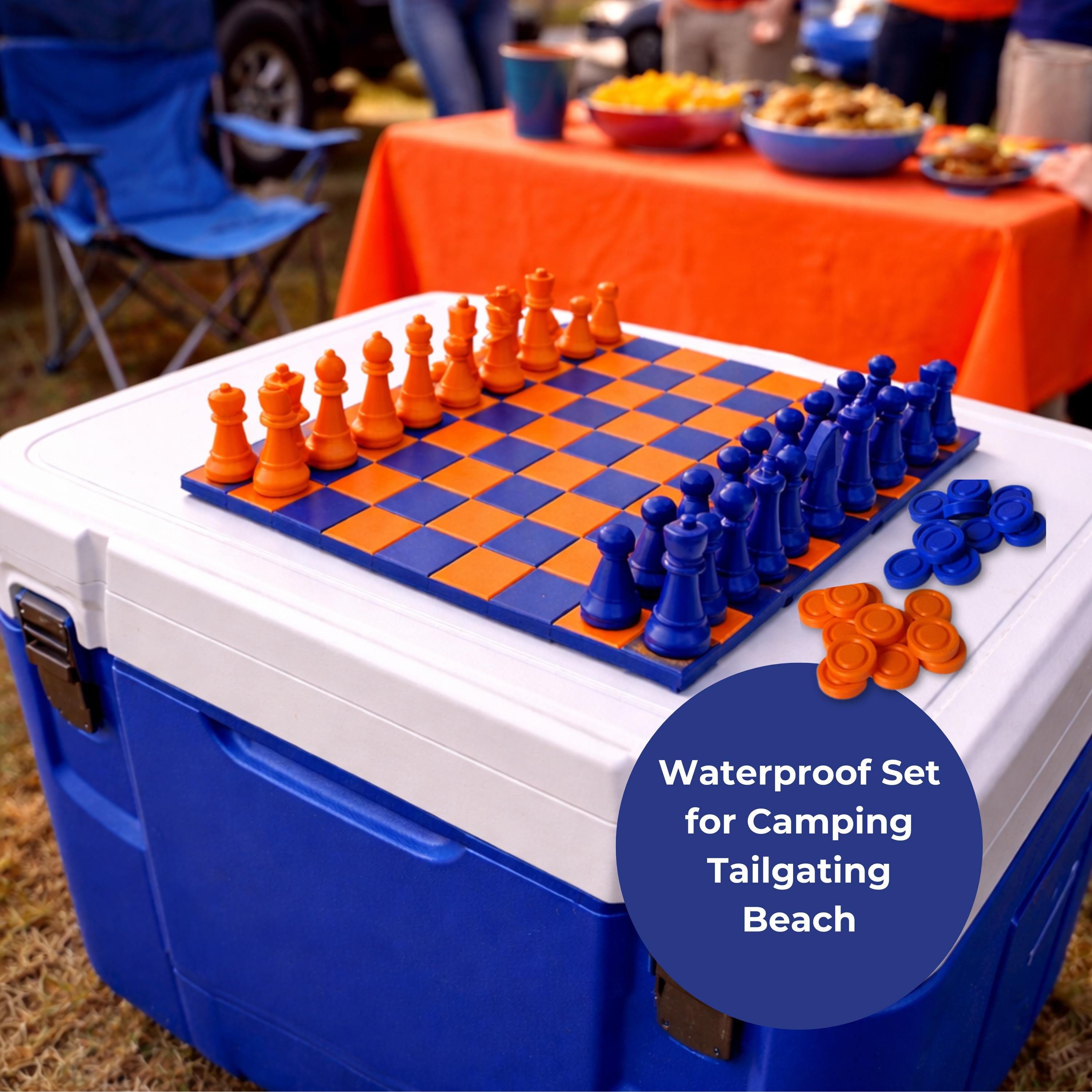 Outdoor Travel Chess Set Roll Up Portable Board Game Orange Blue Design Camping Tailgate Entertainment Durable 3D Printed Pieces Flexible Silicone Board Compact Storage Cylindrical Case Chess Checker Combo Student Gift College Colors