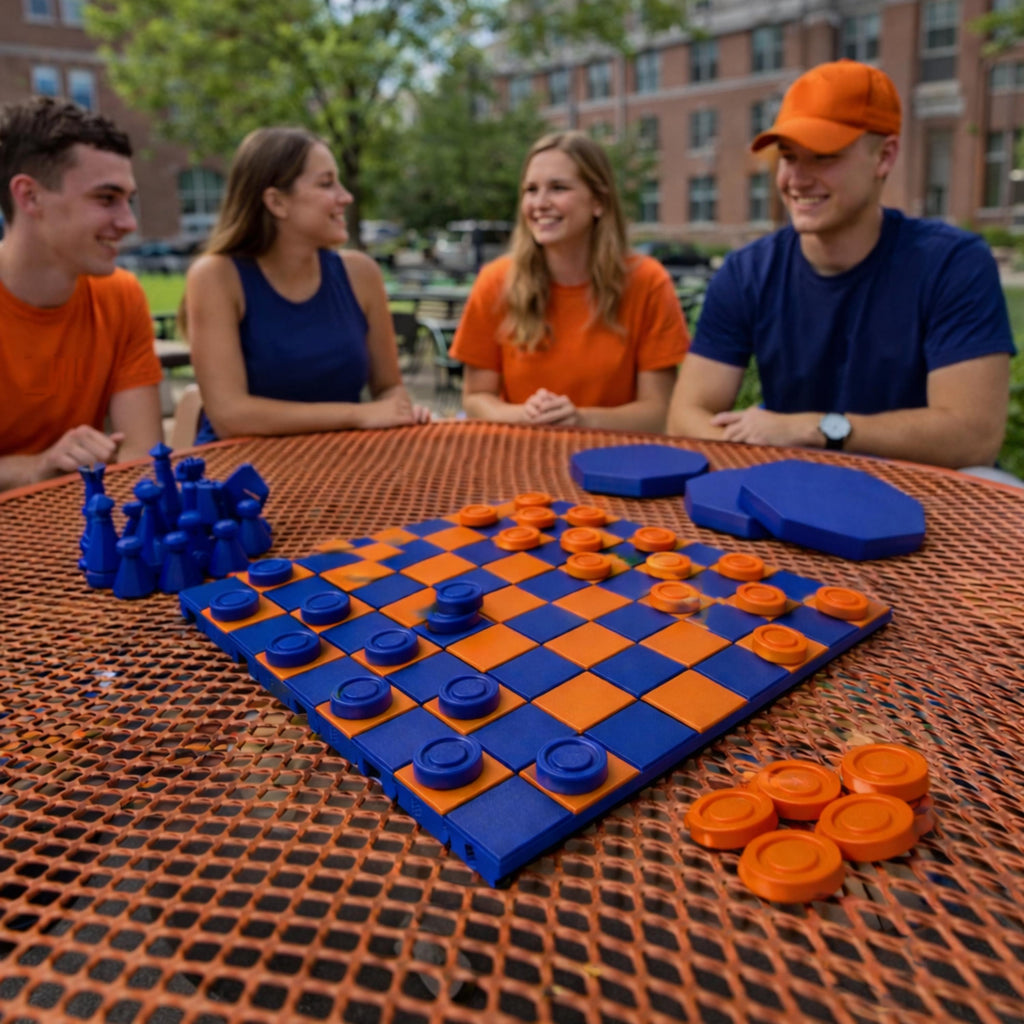 Portable Chess Set – Rollup Travel Board with Checkers in Orange Blue