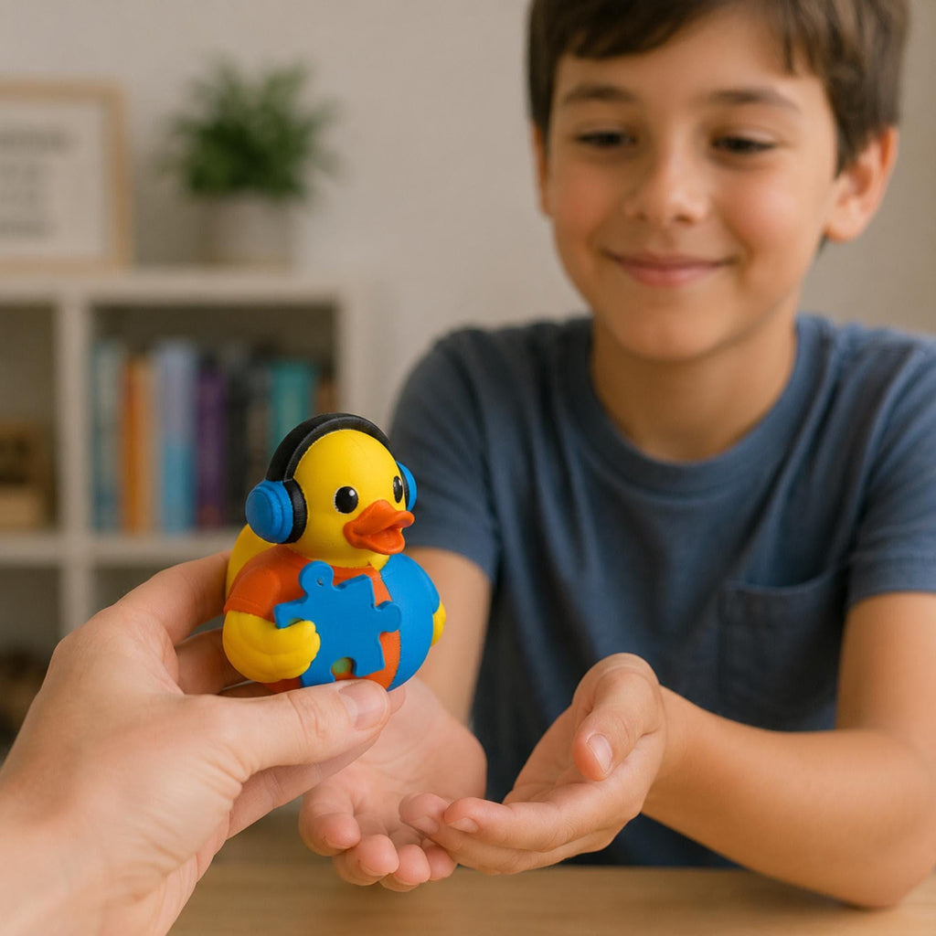Sensory Desk Toy Autism Awareness Duck Blue Puzzle Piece Symbol 3D Printed Figurine Headphones Design Office Display Classroom Decoration Teacher Gift Therapist Present Special Education Support Neurodiversity Acceptance Item Dashboard