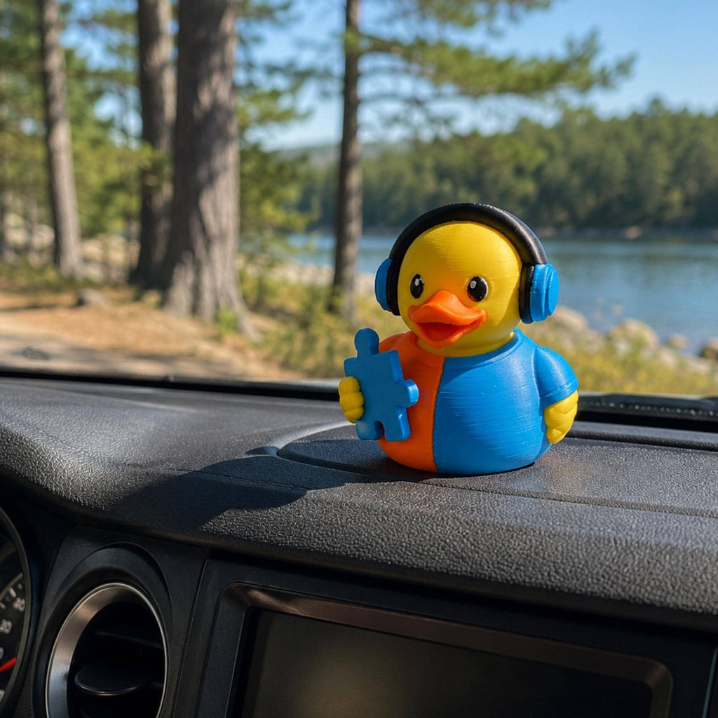 Blue Puzzle Piece Duck Autism Acceptance Symbol Sensory Figurine 3D Printed Design Headphones Toy Teacher Appreciation Gift Therapist Present Special Education Support Neurodiversity Awareness Item Office Desk Display Dashboard Decoration