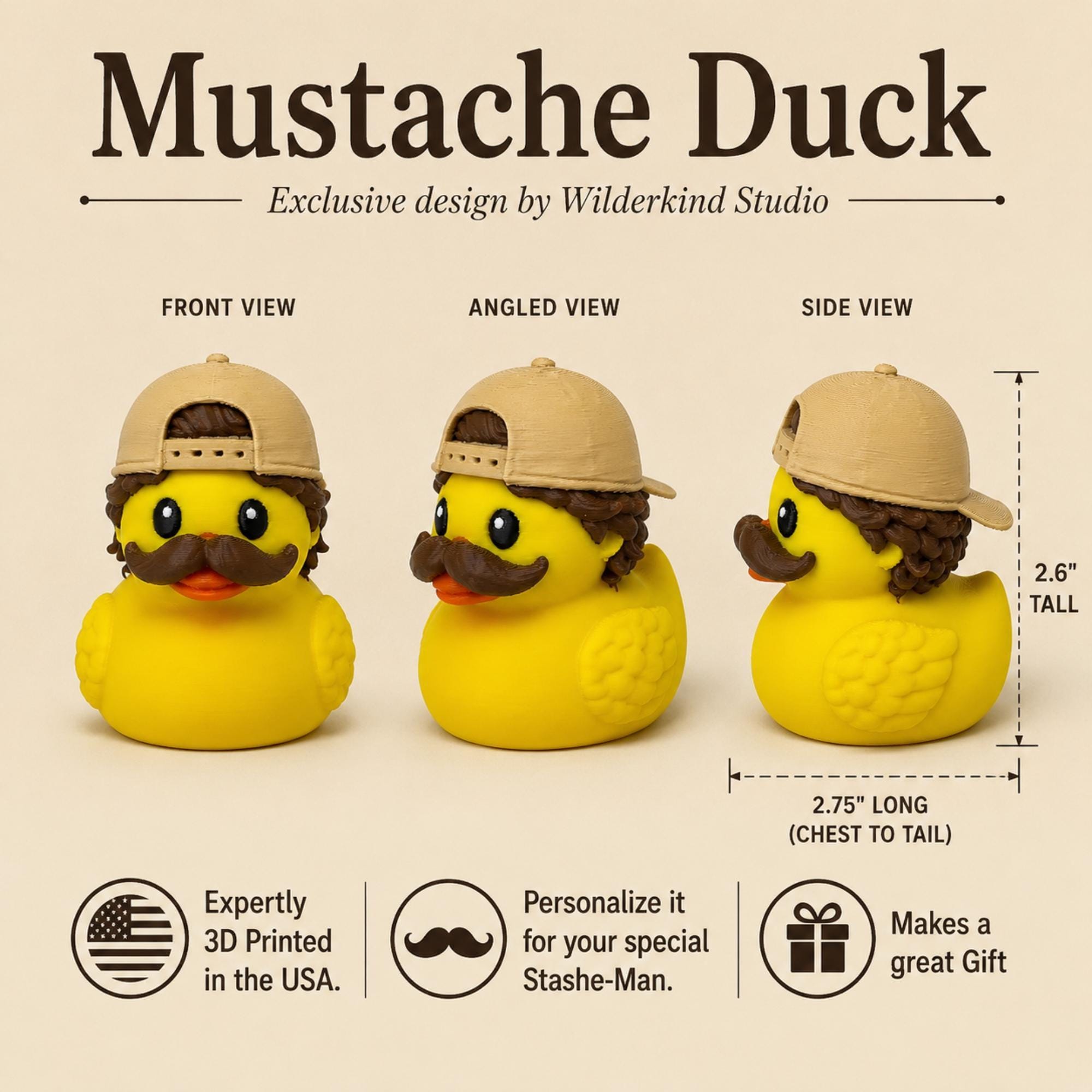 Custom 3D Printed Dashboard Duck Personalized Text Figurine Mustache Character Design Funny Vehicle Accessory Car Dashboard Gift Baseball Cap Curly Hair Details Men Birthday Present Truck Ornament Office Desk Companion Novelty Automotive