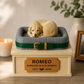 Personalized Pet Memorial Gift Custom Keepsake Box Dog Cat Loss Sympathy Present Handmade Storage Compartment Collar Tags Photos Toys Ashes Container Beautiful Remembrance Display Forever In Hearts Tribute Peaceful Sleeping Figurine Design