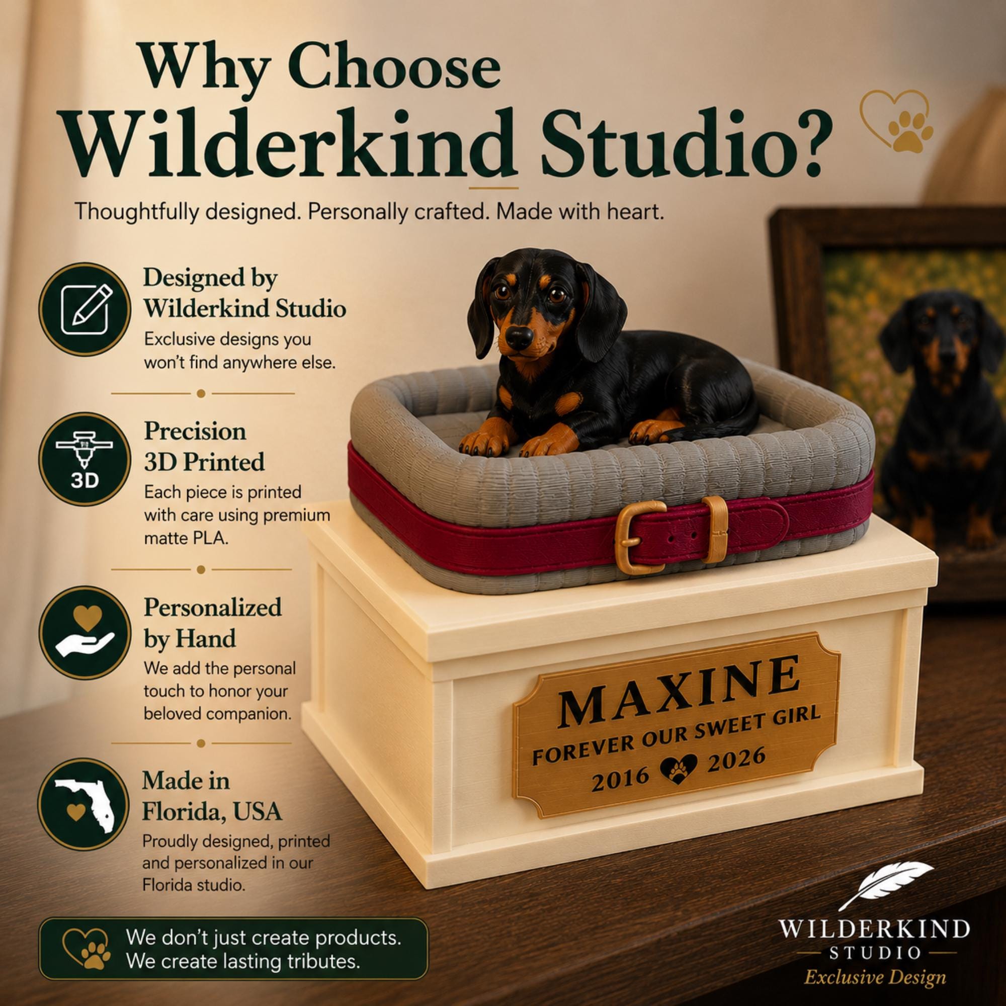 Handmade Pet Memorial Box Custom Personalized Keepsake Gift Dog Cat Loss Sympathy Present Storage Compartment Display Collar Tag Photo Toy Ashes Container Beautiful Remembrance Tribute Peaceful Figurine Design Bereavement Comfort Gift