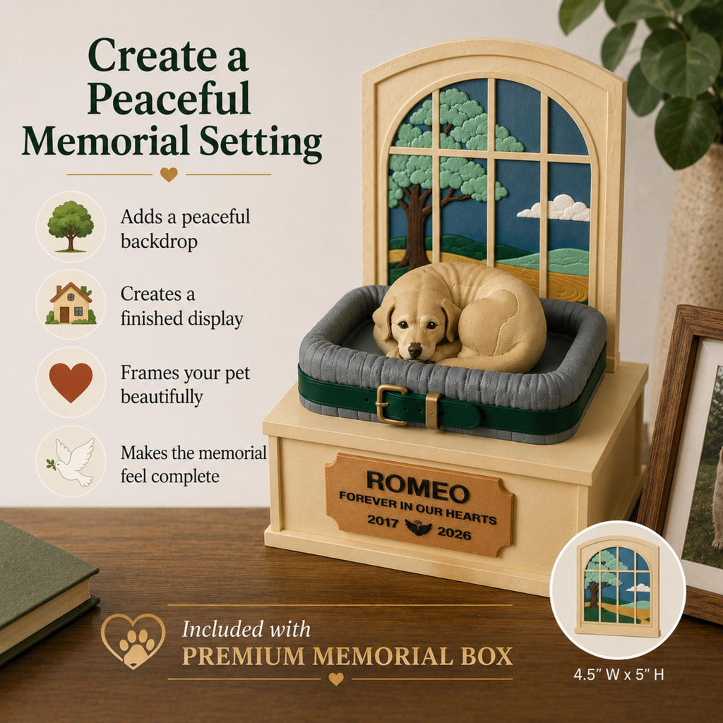 Pet Loss Memorial Box Personalized Remembrance Keepsake Custom Dog Cat Tribute Storage Container Nameplate Engraving 3D Sculpture Design Window Backdrop Scene Sympathy Gift Meaningful Present Memory Display Collar Tag Photo Holder