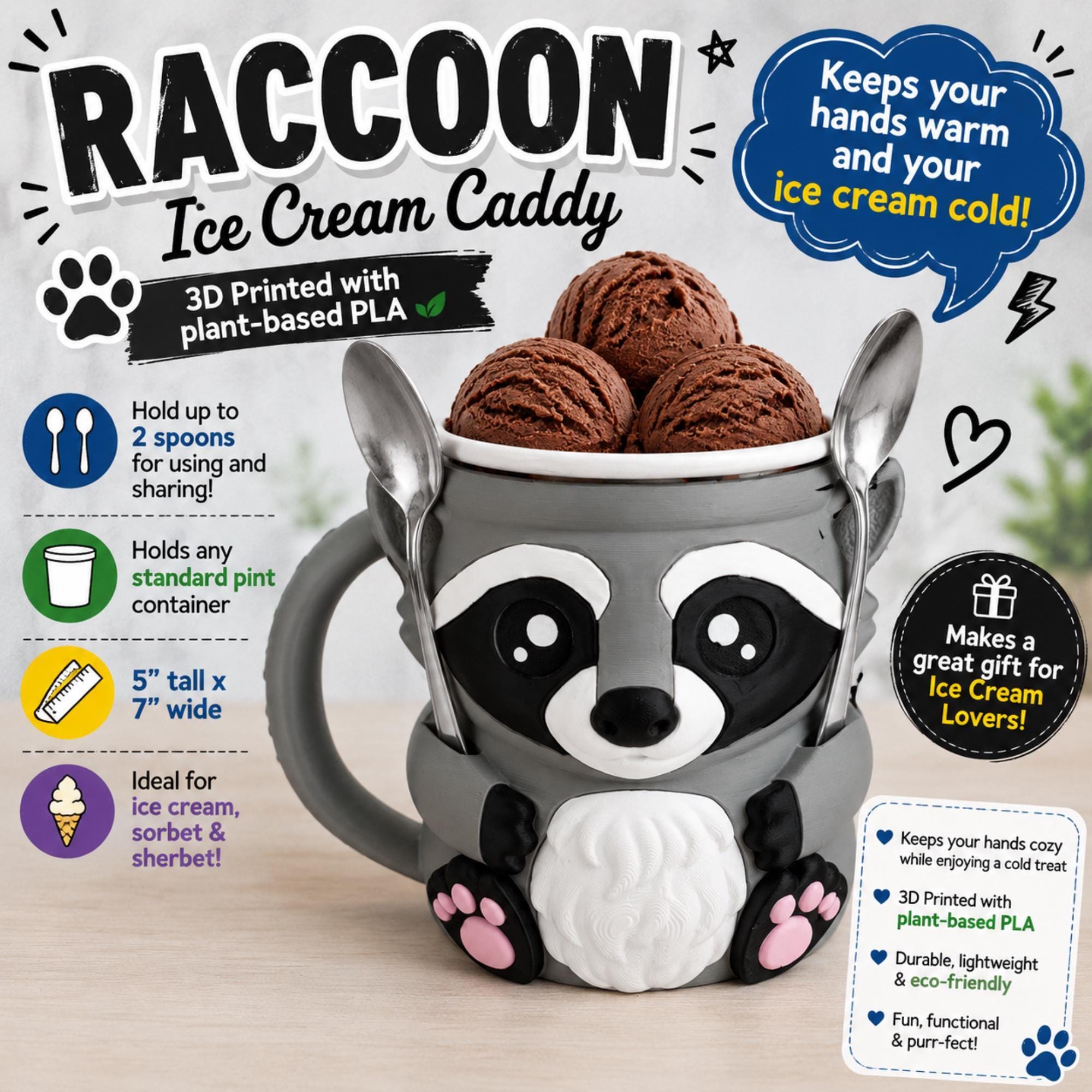 Novelty Gift Ice Cream Holder Raccoon Cozy Design Perfect Birthday Present For Dessert Lovers Movie Night Companion With Dual Spoon Slots 3D Printed Animal Kitchen Gadget Fits Standard Pint Size Containers Unique Party Favor Frozen Treat