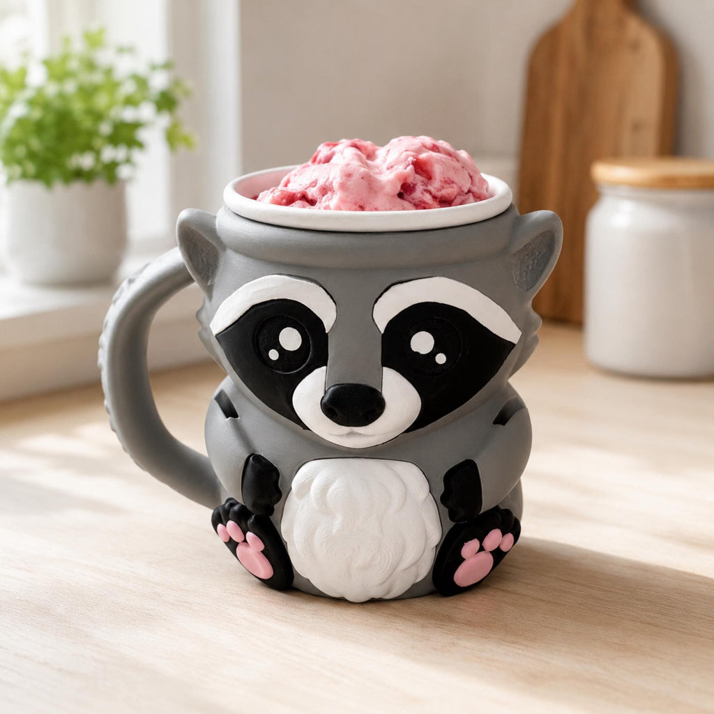 3D Printed Raccoon Ice Cream Cozy Pint Holder With Dual Spoon Slots Animal Themed Kitchen Gadget Perfect Movie Night Dessert Accessory Birthday Gift For Ice Cream Enthusiasts Keeps Hands Warm Frozen Treat Cold Fits Most Standard Pint