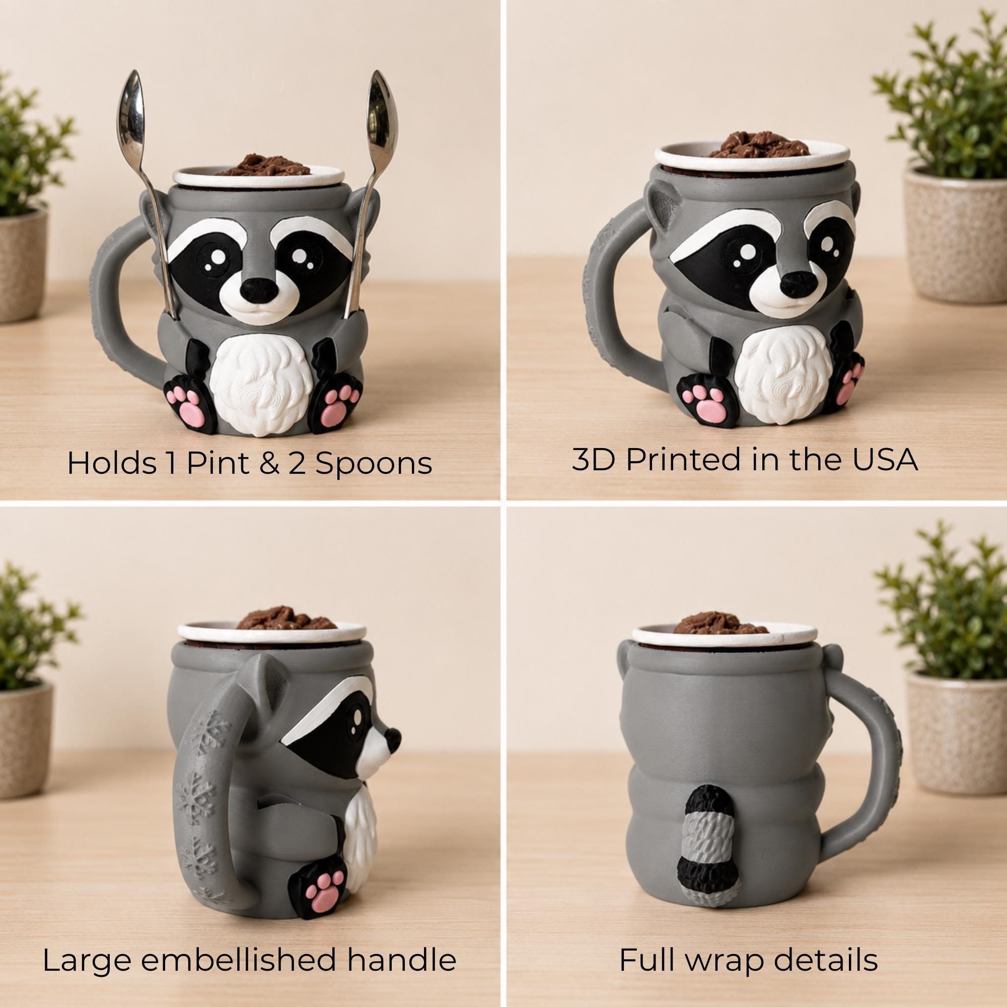 Animal Themed Kitchen Gadget Raccoon Ice Cream Pint Holder Cozy Design Perfect Birthday Gift For Dessert Lovers Dual Spoon Slots 3D Printed Frozen Treat Caddy Movie Night Essential Fits Standard Pint Containers Keeps Hands Warm Unique