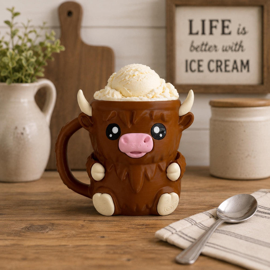Highland Cow Design Ice Cream Holder Insulated Pint Sleeve Cozy Animal Themed Kitchen Accessory Novelty Dessert Caddy Perfect Gift Ice Cream Enthusiast Movie Night Essential Frozen Treat Container Comfortable Grip Keeps Hands Warm 3D
