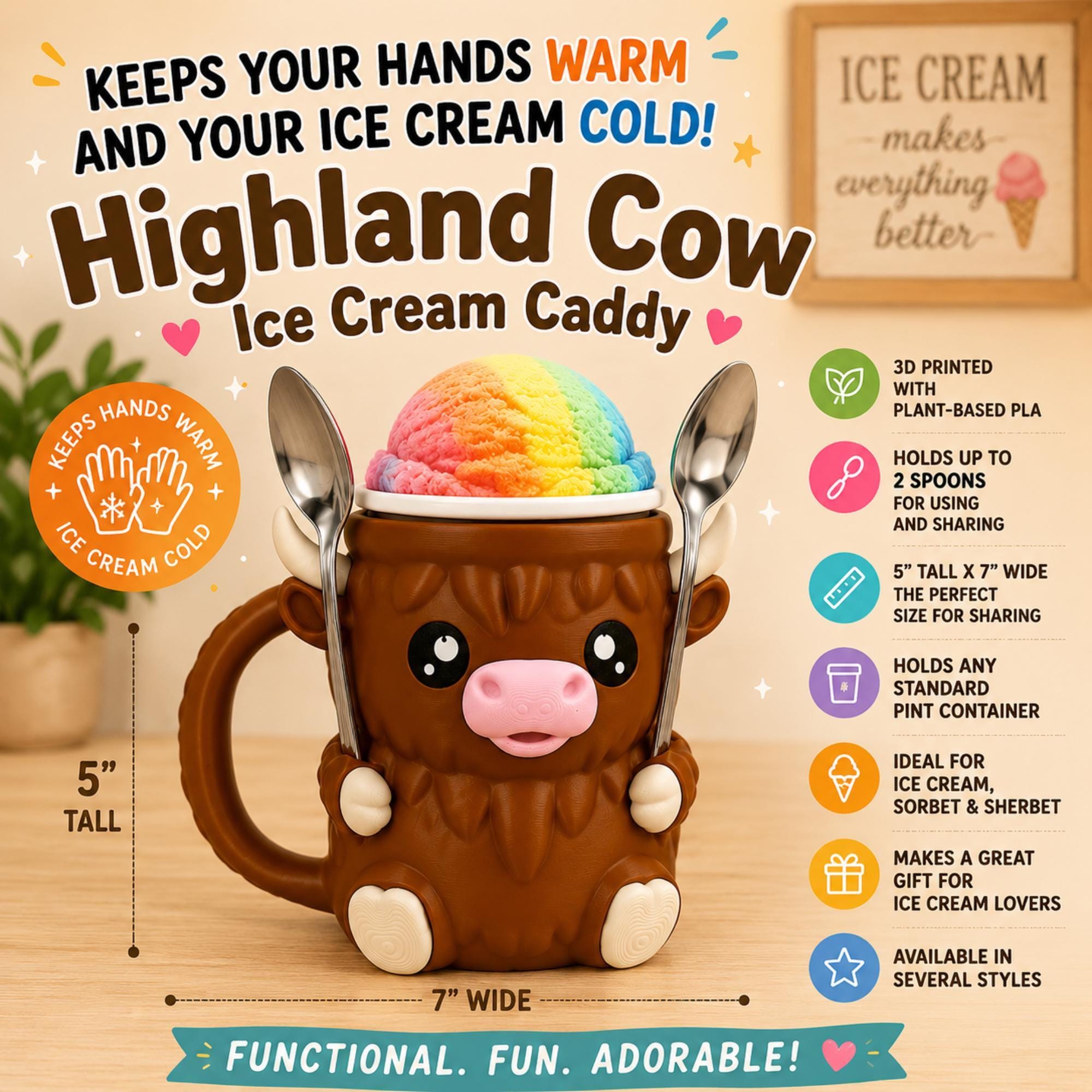 Insulated Cozy Sleeve Ice Cream Pint Holder Highland Cow Animal Design Perfect Movie Night Accessory Frozen Treat Container Novelty Kitchen Gadget Keeps Hands Warm Comfortable Grip Prevents Condensation Unique Gift Ice Cream Lover Western
