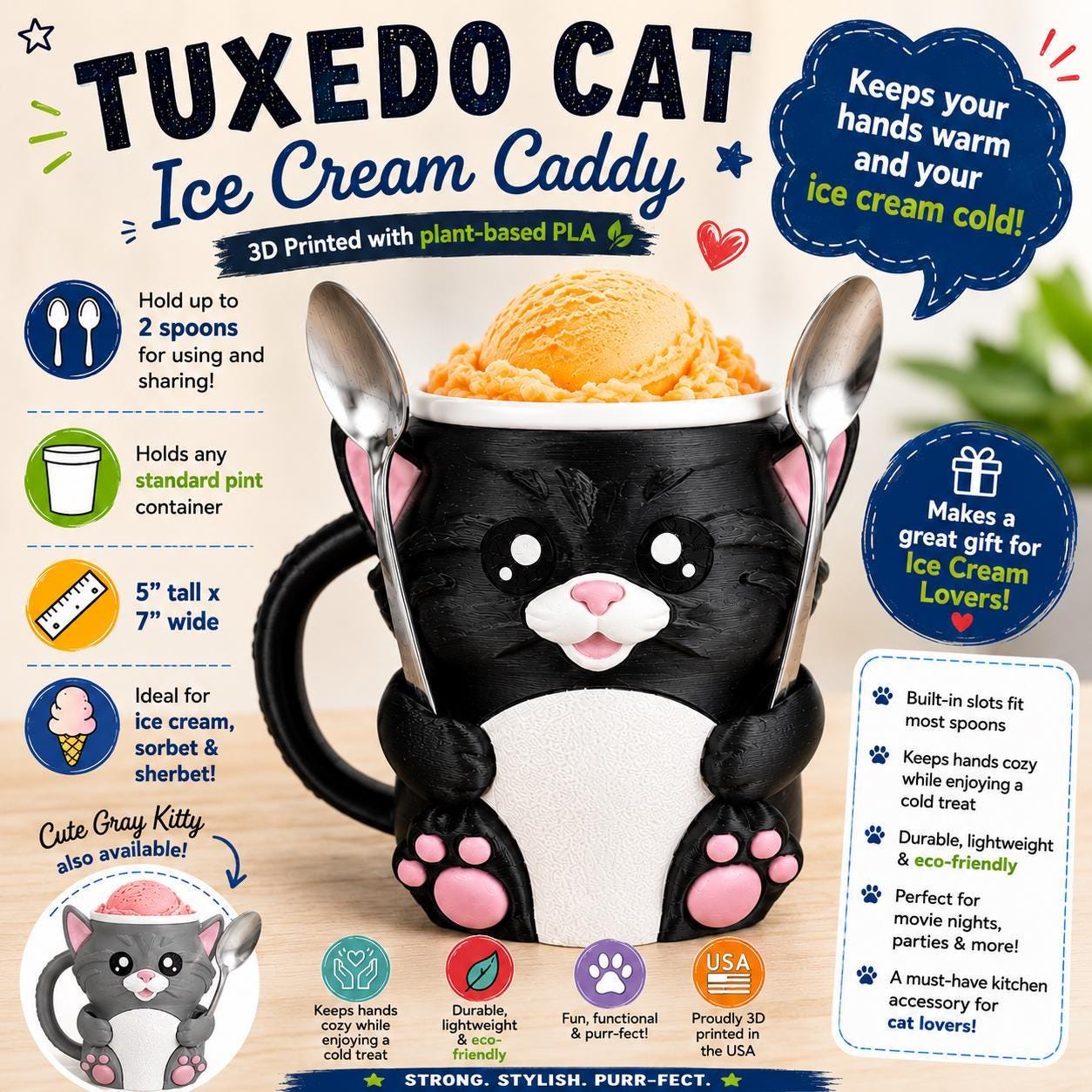Insulated Ice Cream Sleeve Pint Cozy Warmer Keeps Hands Warm Comfortable Grip Tuxedo Cat Character Design Dual Spoon Holder Caddy Frozen Treat Accessory Movie Night Essential Kitchen Gadget Novelty Item Cat Themed Design Functional Gift