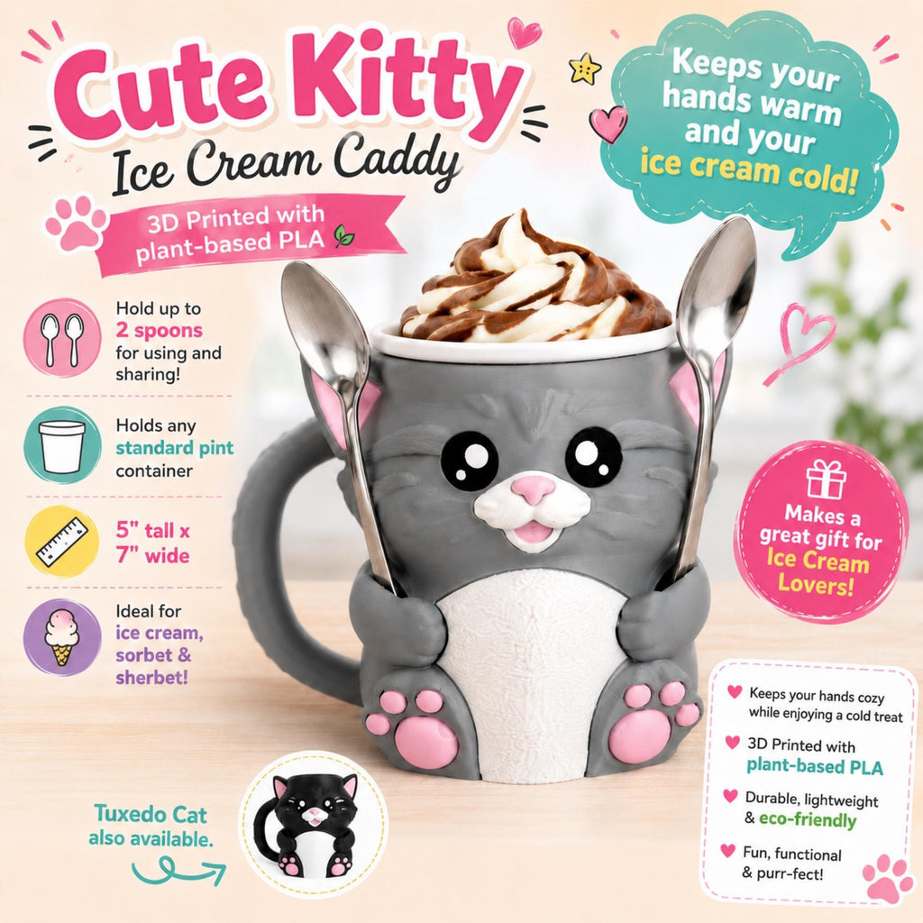 Cute Cat Pint Holder Insulated Ice Cream Cozy Sleeve With Dual Spoon Slots Keeps Hands Warm During Frozen Treat Enjoyment Perfect Gift For Cat Enthusiasts Dessert Lovers Comfortable Grip Handle Design Movie Night Accessory Fits Standard