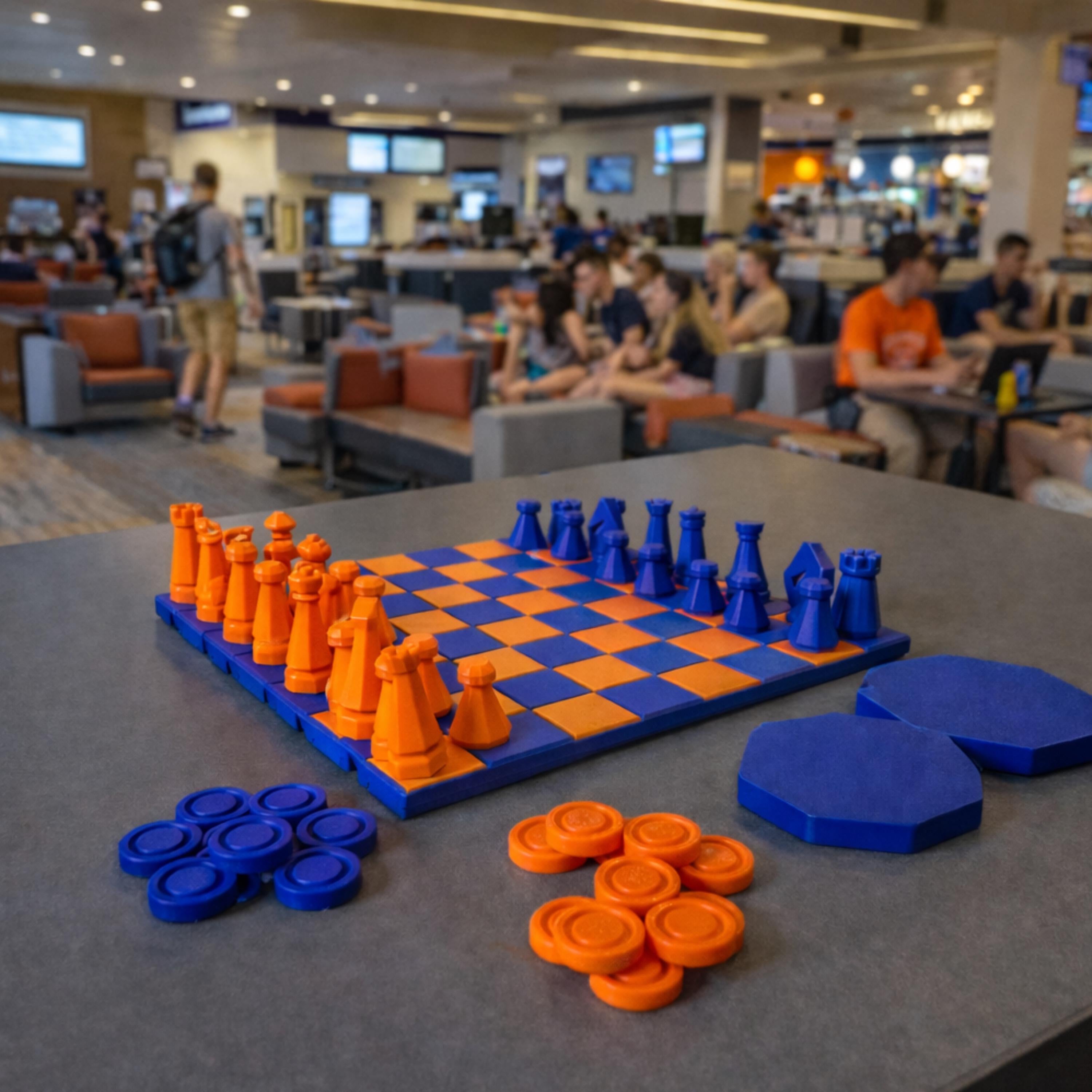 Portable Chess Set – Rollup Travel Board with Checkers in Orange Blue