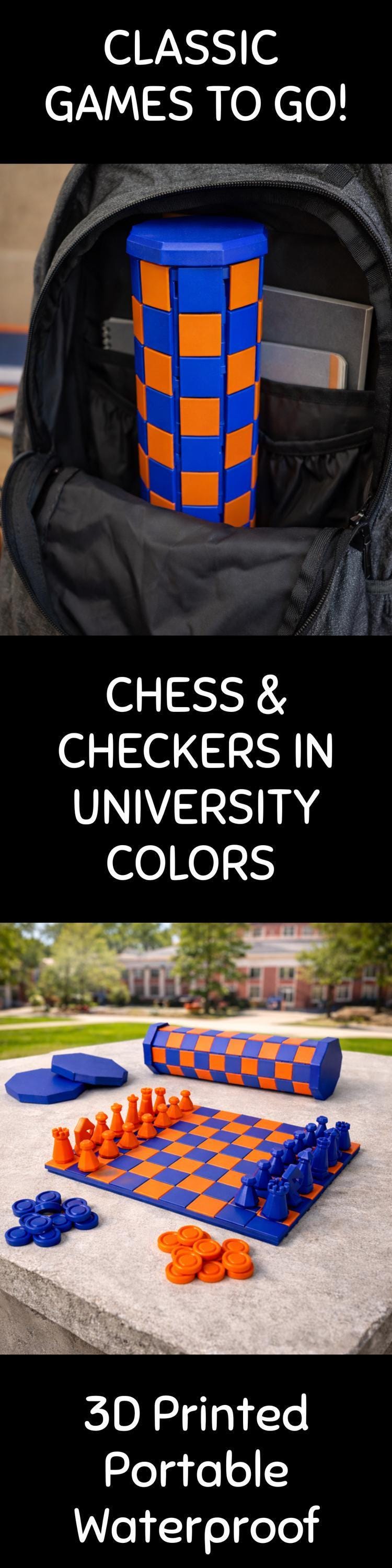 Portable Chess Set – Rollup Travel Board with Checkers in Orange Blue