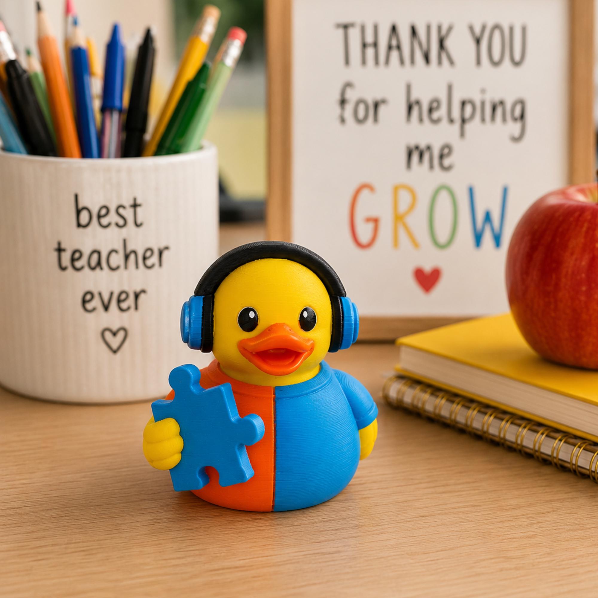 Autism Awareness Duck – Blue Puzzle Piece Dashboard Desk Sensory Toy