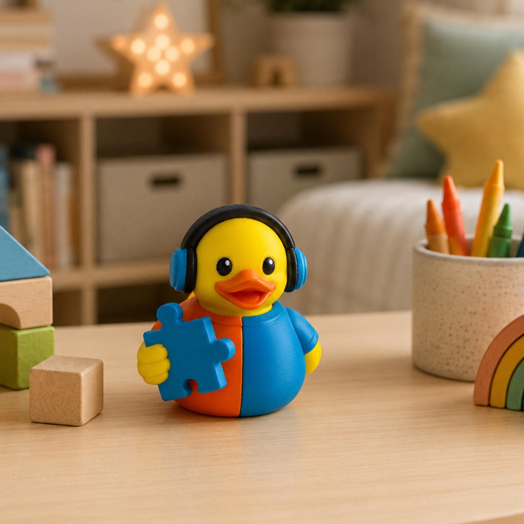 Autism Awareness Duck – Blue Puzzle Piece Dashboard Desk Sensory Toy