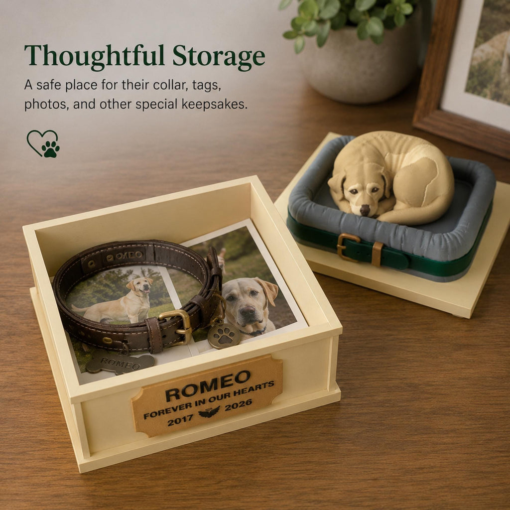 Pet Loss Sympathy Gift Personalized Memorial Keepsake Box Custom Dog Cat Remembrance Present Handmade Storage Display Collar Tags Photos Toys Ashes Memory Container Beautiful Tribute Design Peaceful Sleeping Figurine Bereavement Comfort