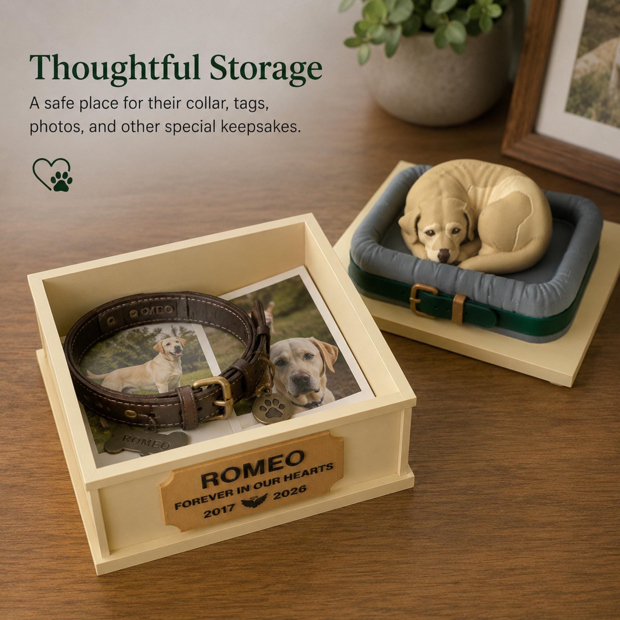 Pet Loss Sympathy Gift Personalized Memorial Keepsake Box Custom Dog Cat Remembrance Present Handmade Storage Display Collar Tags Photos Toys Ashes Memory Container Beautiful Tribute Design Peaceful Sleeping Figurine Bereavement Comfort