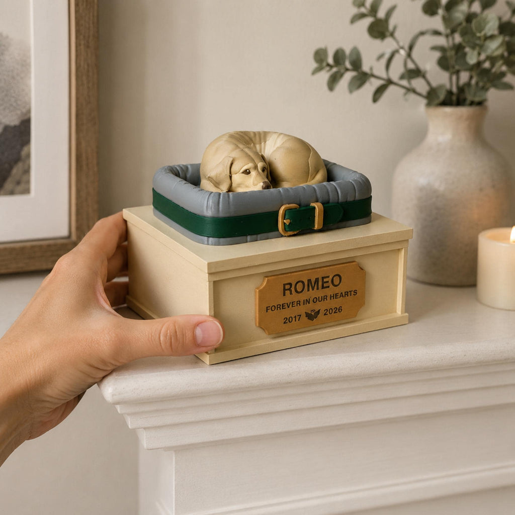 Pet Remembrance Display Box Custom Memorial Storage Personalized Dog Cat Keepsake Container Collar Tag Photo Holder 3D Sculpture Window Scene Backdrop Sympathy Gift Pet Loss Tribute Handcrafted Design Beautiful Meaningful Memorial Forever
