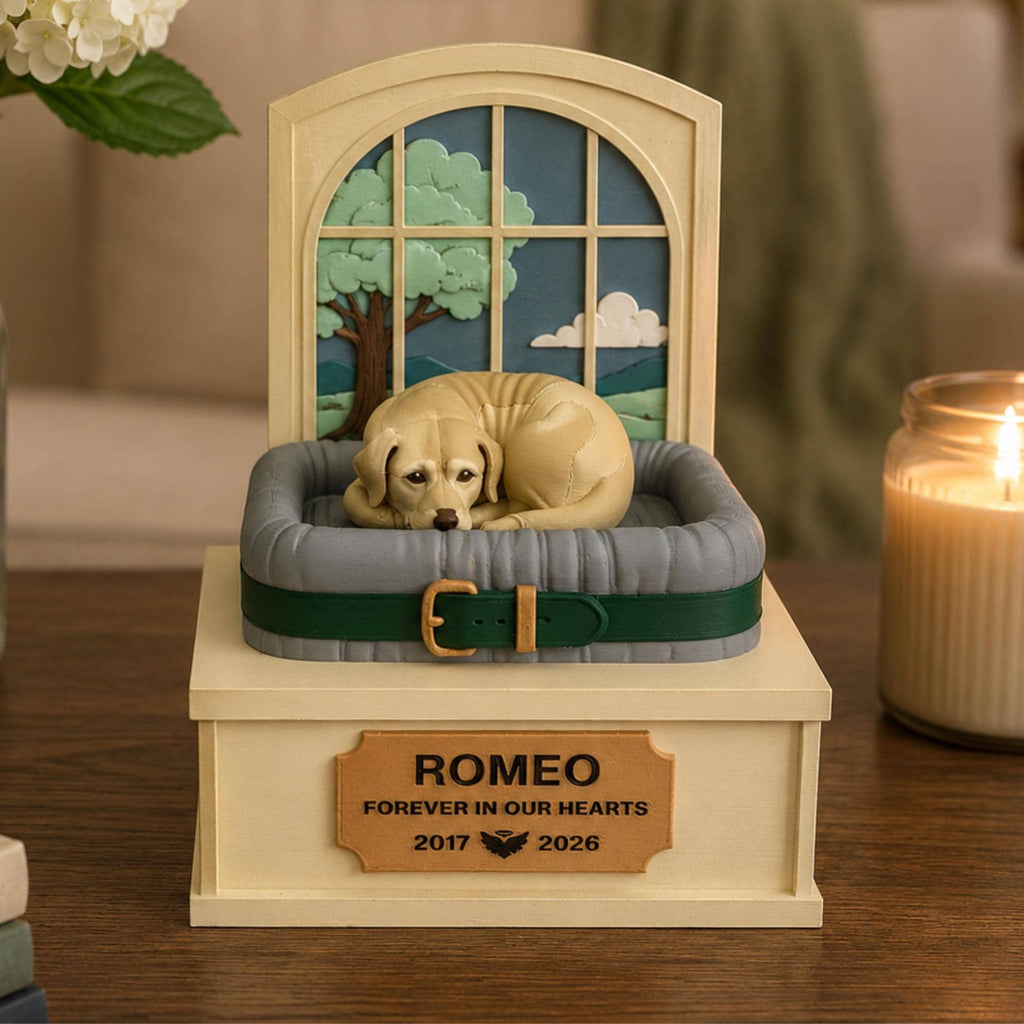Personalized Pet Memorial Box Custom Dog Cat Remembrance Keepsake Storage Container 3D Printed Sculpture Window Scene Backdrop Nameplate Engraving Sympathy Gift Pet Loss Memory Storage Collar Tag Photo Display Tribute Holder Handcrafted