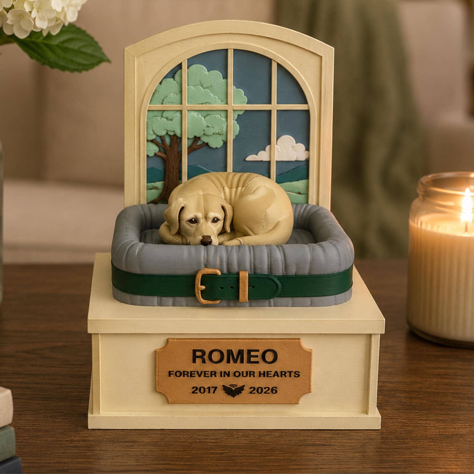 Personalized Pet Memorial Box Custom Dog Cat Remembrance Keepsake Storage Container 3D Printed Sculpture Window Scene Backdrop Nameplate Engraving Sympathy Gift Pet Loss Memory Storage Collar Tag Photo Display Tribute Holder Handcrafted