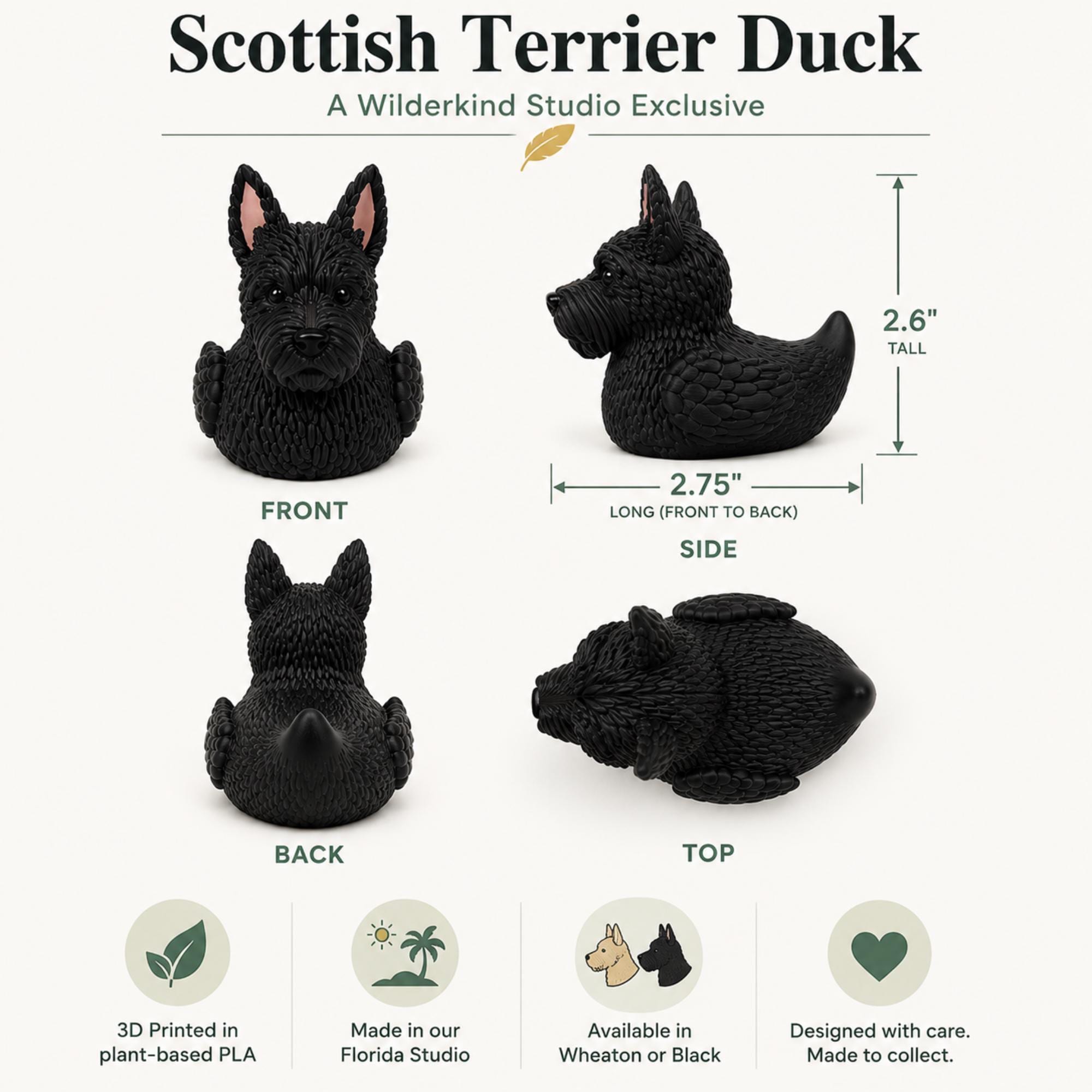 Handcrafted Scottish Terrier Figurine 3D Printed Dashboard Duck Design Scottie Dog Collectible Black Wheaten Color Options Cruise Souvenir Dashboard Ornament Car Boat Display Unique Novelty Gift Dog Lover Collection Dashboard Duck Tradition