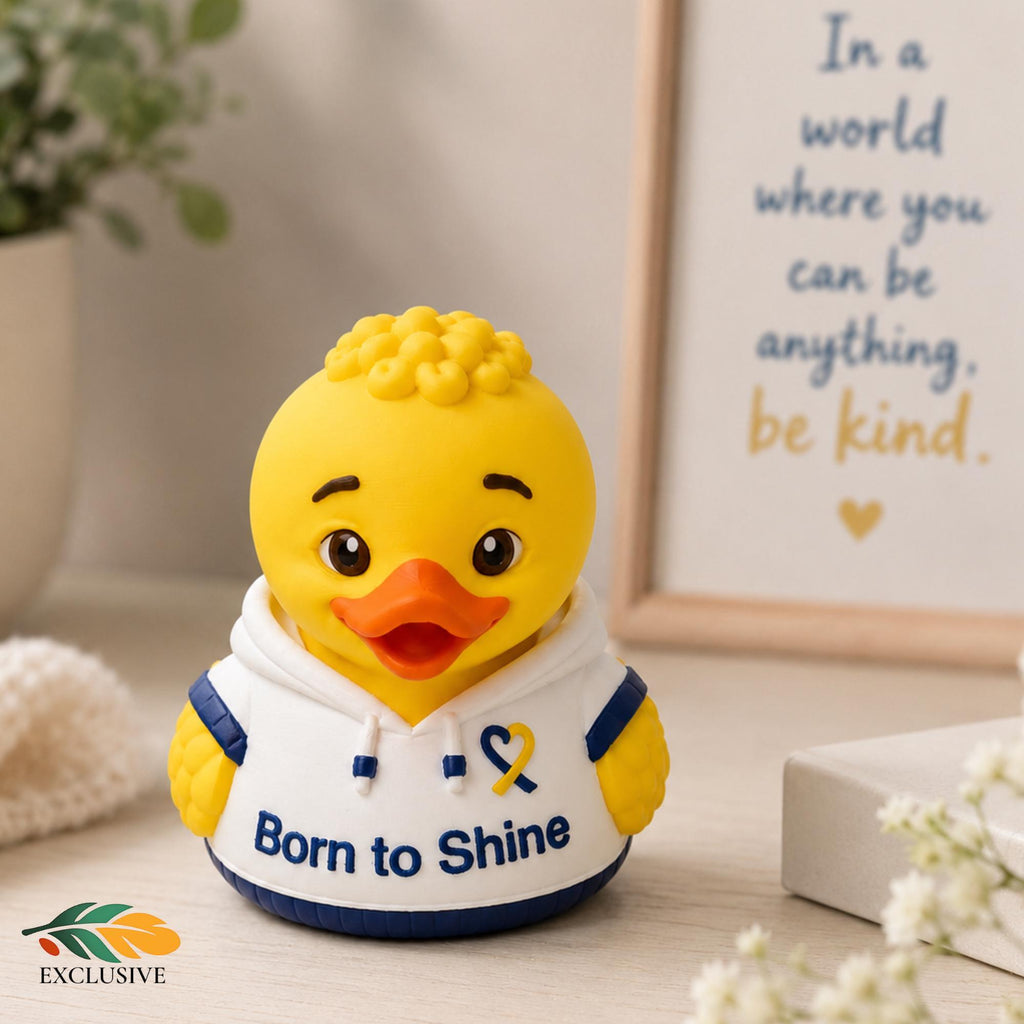 Teacher Appreciation Gift Rubber Duck Figurine Wearing White Hoodie Born To Shine Message Blue Yellow Awareness Ribbon Design Classroom Desk Decoration Special Education Support Gift Inspirational Message Display Cute Collectible Figurine