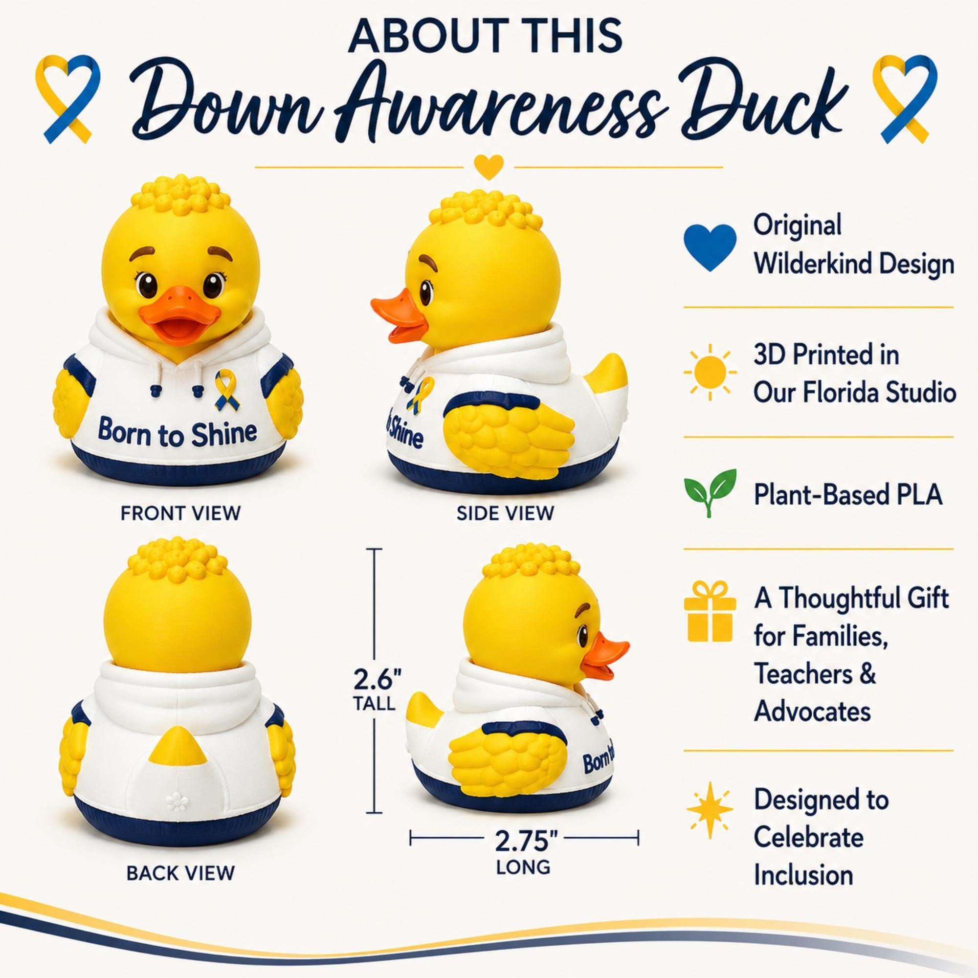 Rubber Duck Collectible Figurine Wearing White Hoodie Born To Shine Positive Message Blue Yellow Awareness Ribbon Design Teacher Appreciation Gift Classroom Desk Display Inspirational Decoration Special Education Support Advocacy Keepsake