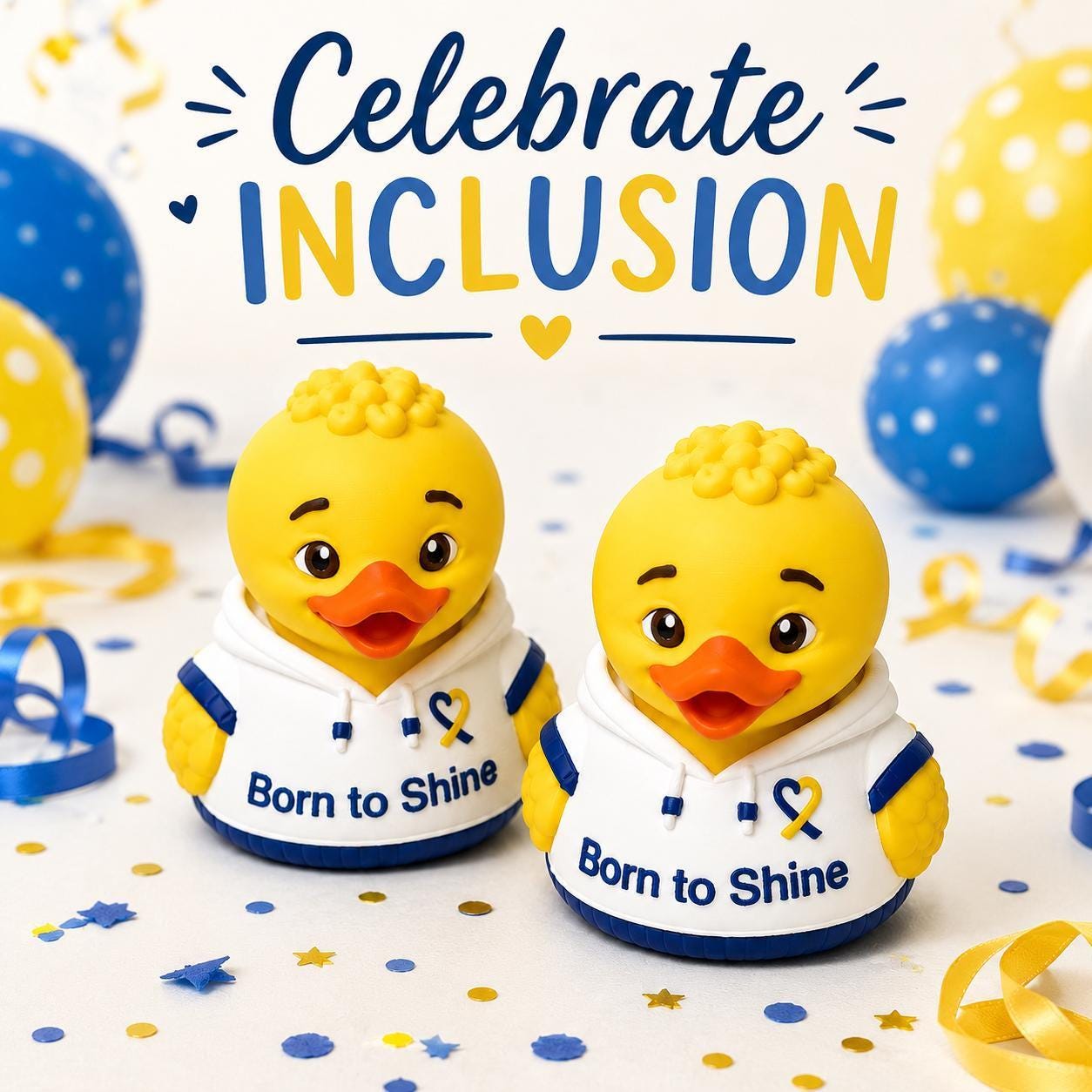 Awareness Ribbon Duck Figurine Blue Yellow Symbol Design Born To Shine Inspirational Message Advocacy Support Gift Special Education Teacher Appreciation Classroom Display Rubber Duck Wearing White Hoodie Meaningful Keepsake Positive