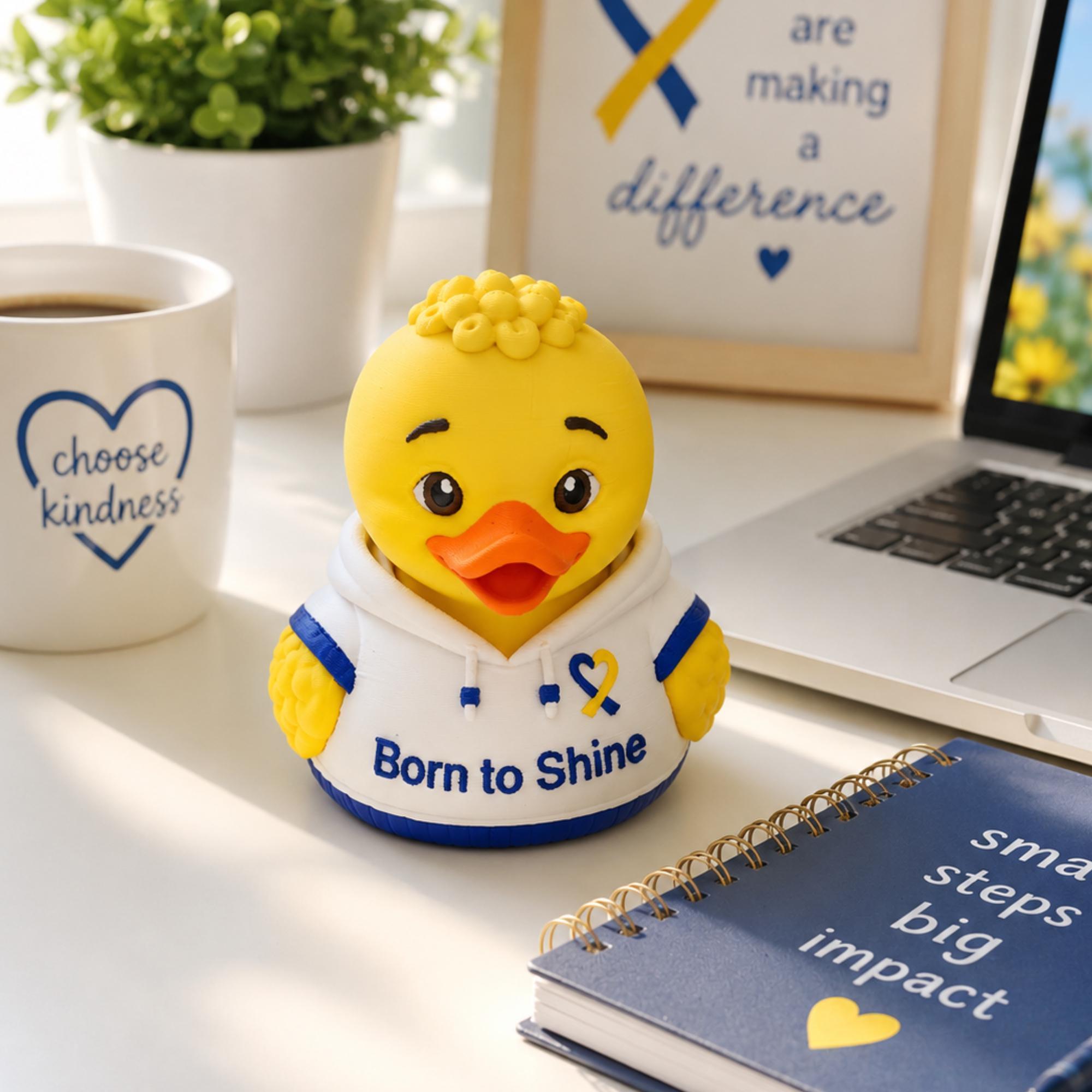 Inspirational Desk Decoration Rubber Duck Figurine Born To Shine Message Awareness Ribbon Design Blue Yellow Symbol Teacher Gift Classroom Display Cute Collectible Wearing White Hoodie Positive Message Support Advocacy Meaningful Office
