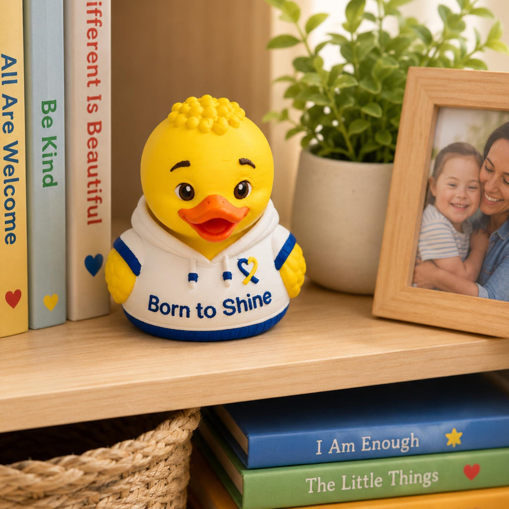 Meaningful Gift Rubber Duck Figurine Teacher Appreciation Keepsake Born To Shine Message Blue Yellow Awareness Ribbon Design Special Education Support Classroom Desk Decoration Inspirational Display Cute Collectible Wearing White Hoodie