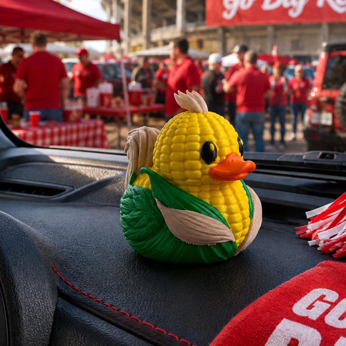 Agriculture Themed Gift Corn Design Rubber Duck Collectible Harvest Season Dashboard Ornament Farm Enthusiast Present Yellow Kernel Texture Figurine Green Husk Jacket Detail 3D Printed Plant Based Material Vehicle Accessory Display Rearview