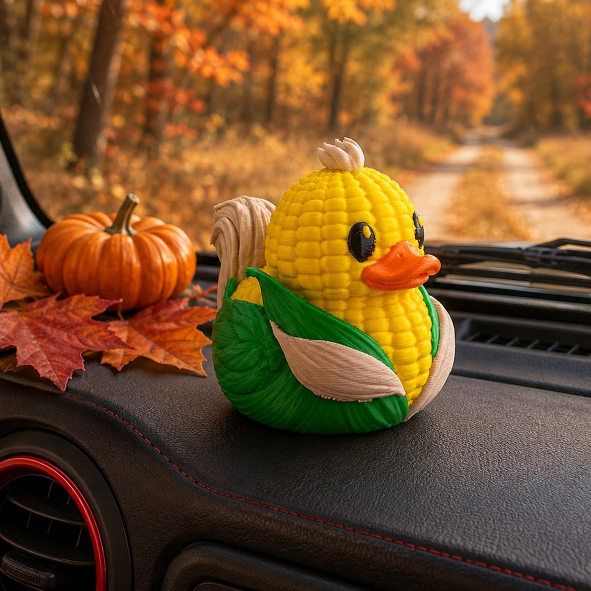 Handmade Corn Figurine Rubber Duck Collectible Farm Themed Dashboard Ornament 3D Printed Plant Based Material Yellow Kernel Texture Design Green Husk Jacket Detail Vehicle Accessory Display Agriculture Enthusiast Gift Harvest Season