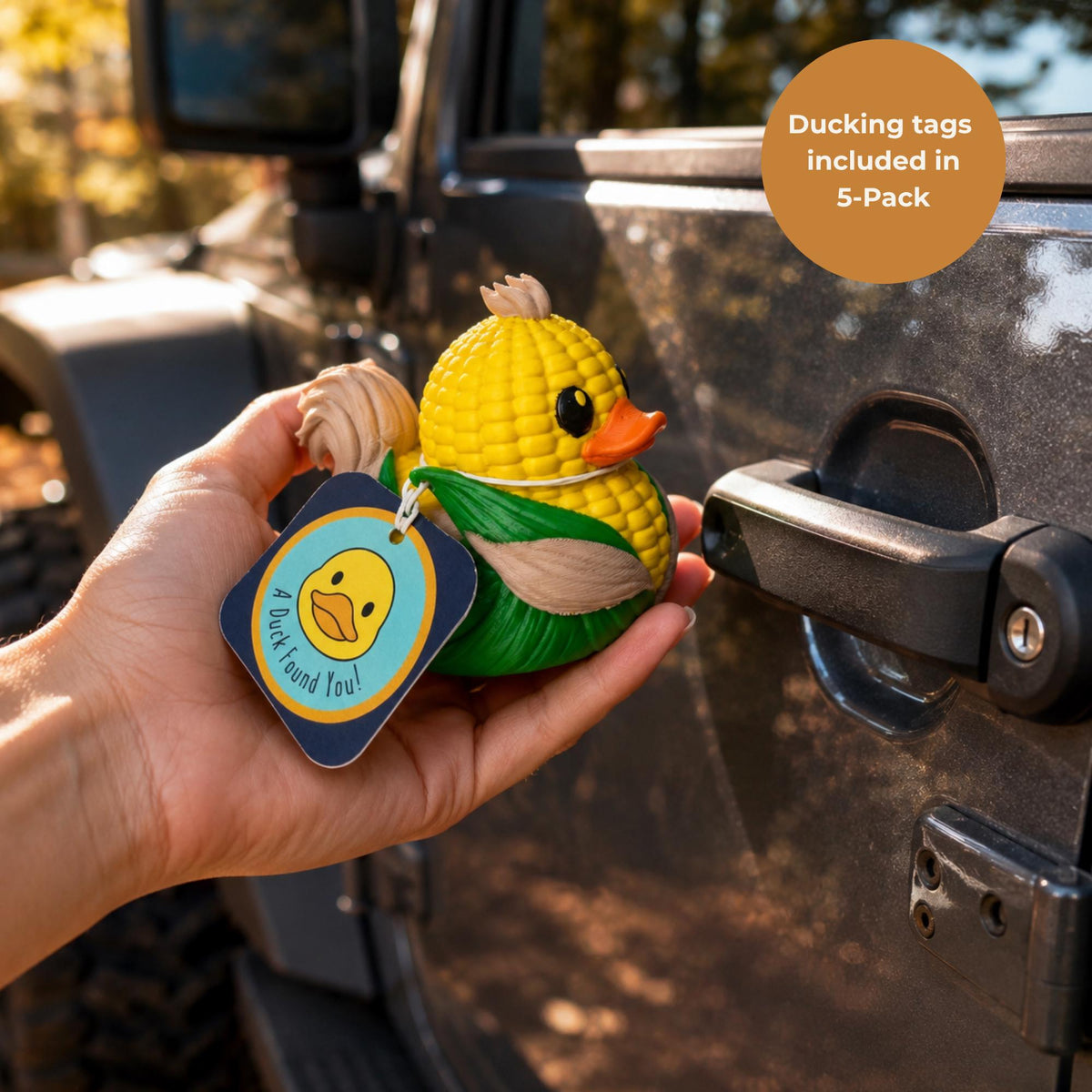 Unique Farm Gift Corn Shaped Collectible Rubber Duck Figurine Dashboard Display Ornament Agriculture Lover Present Yellow Body Design Green Tan Husk Detail 3D Printed Plant Based Construction Vehicle Interior Accessory Harvest Celebration