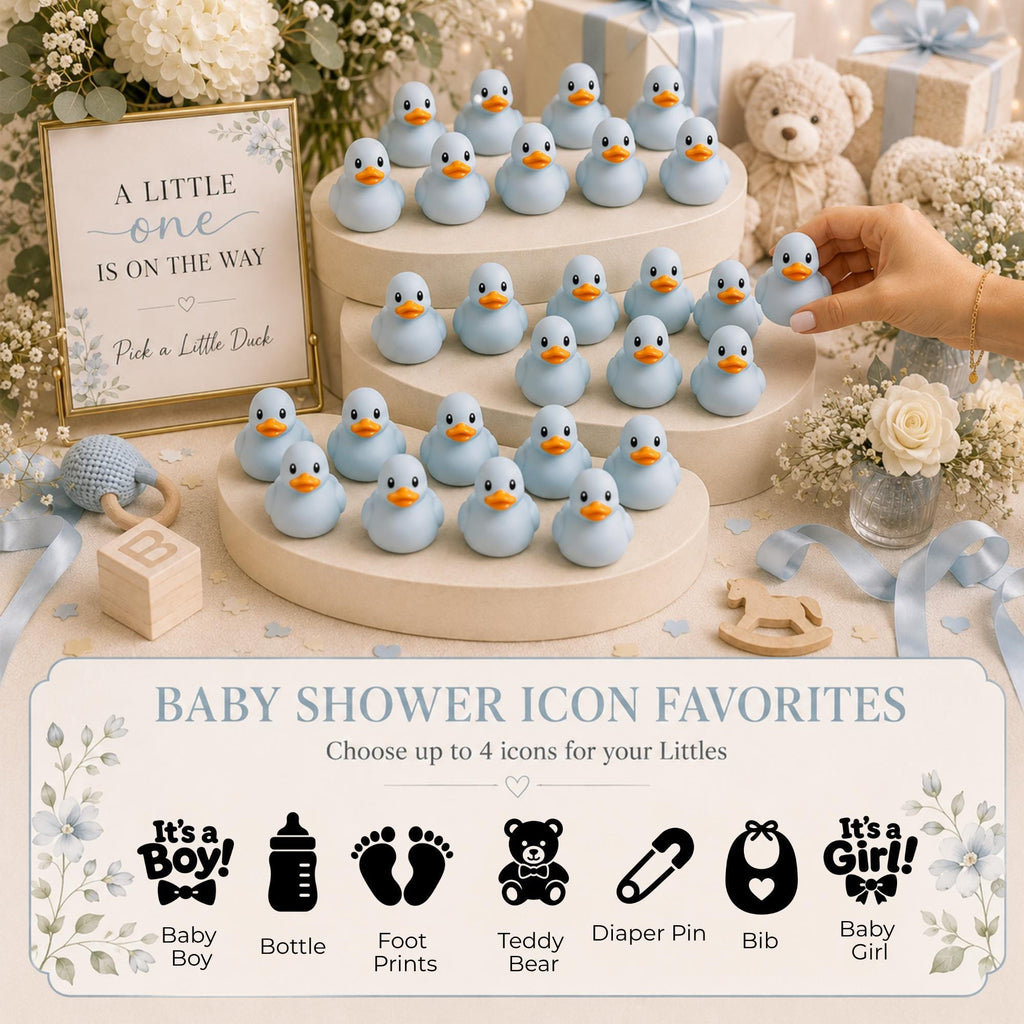 Collectible Mini Duck Set Custom Baby Shower Favor Personalized Birthday Gift Collection Twelve Piece Duck Toy Set Customizable Pictograph Icon Design 3D Printed Construction Travel Bag Storage Container Perfect Party Favor Keepsake Baby