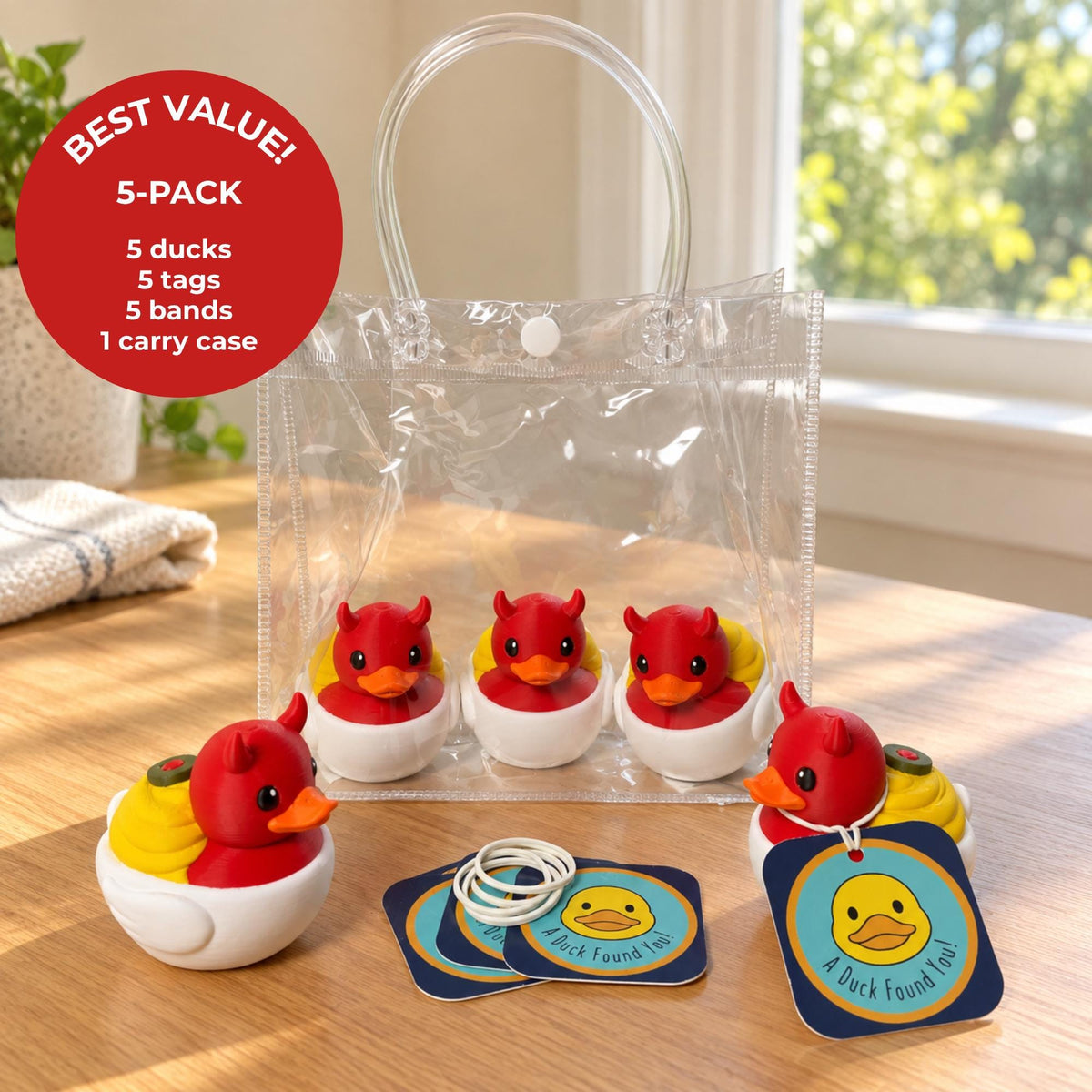 5 pack of 3D Printed Collectible Duck Figurine Devil Design deviled egg ducks with ducking tags, bands and storage carry case included