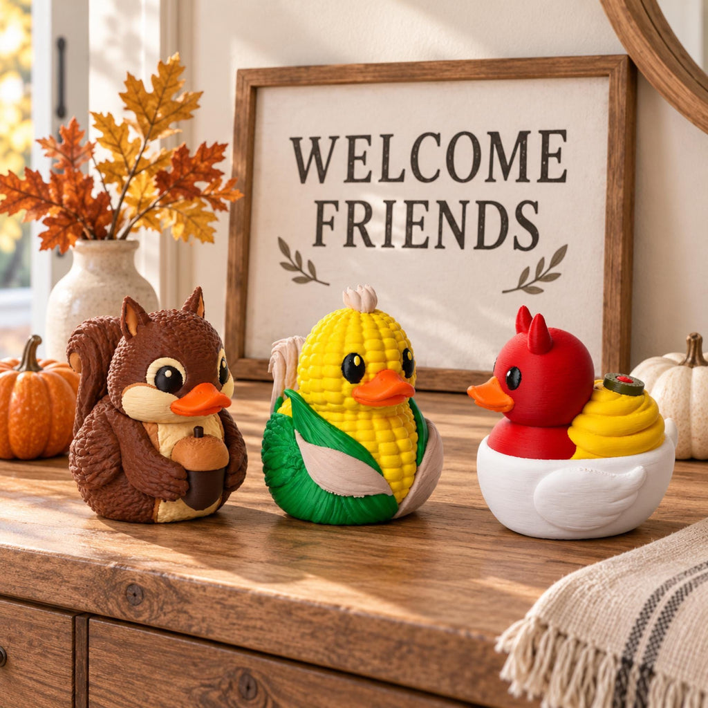 Thanksgiving Duck Figurine Set Harvest Table Centerpiece Fall Kitchen Display Corn Duck Design Autumn Squirrel Accent Woodland Animal Theme Seasonal Home Styling Farmhouse Rustic Gift Friendsgiving Party Favor Whimsical Dining Room Accent