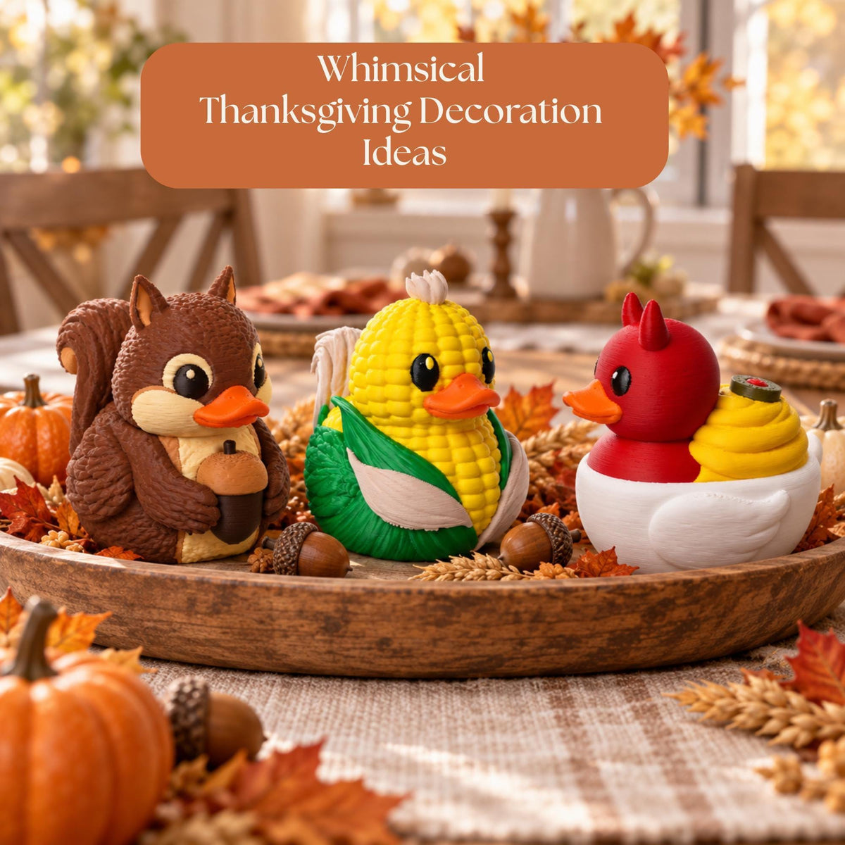 Corn Duck Harvest Centerpiece Thanksgiving Table Styling Fall Figurine Collection Autumn Farmhouse Kitchen Display Seasonal Duck Lover Gift Woodland Animal Theme Rustic Hostess Present Whimsical Dining Accent Novelty Rubber Duck Set Tiered