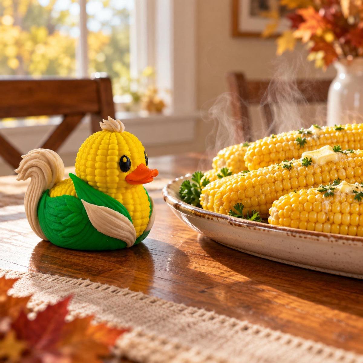 Fall Table Centerpiece Thanksgiving Duck Collection Harvest Figurine Set Corn Duck Design Autumn Kitchen Styling Farmhouse Rustic Gift Seasonal Home Accent Woodland Animal Theme Whimsical Dining Display Novelty Duck Collector Item Tiered