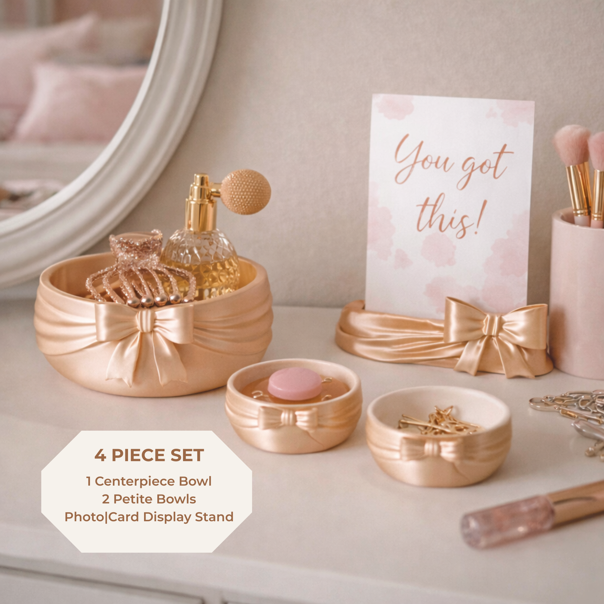White Vanity Organization Bow Theme Ribbon Design Elegant Bathroom Accessory Set Girl Bedroom Decor Display Coffee Table Collection Spa Bath